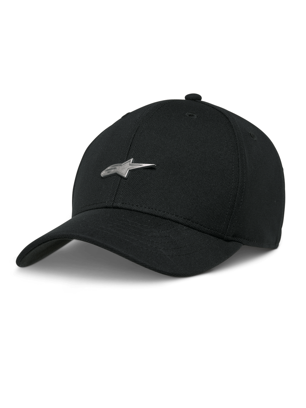 Alpinestars Metal Logo Pet, zwarte baseballcap, zilveren 3D metalen sterlogo, gebogen klep, gestructureerde kroon, casual motorsportstijl