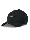 Alpinestars Metal Logo Pet, zwarte baseballcap, zilveren 3D metalen sterlogo, gebogen klep, gestructureerde kroon, casual motorsportstijl