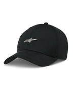 Alpinestars Metal Logo Pet, zwarte baseballcap, zilveren 3D metalen sterlogo, gebogen klep, gestructureerde kroon, casual motorsportstijl