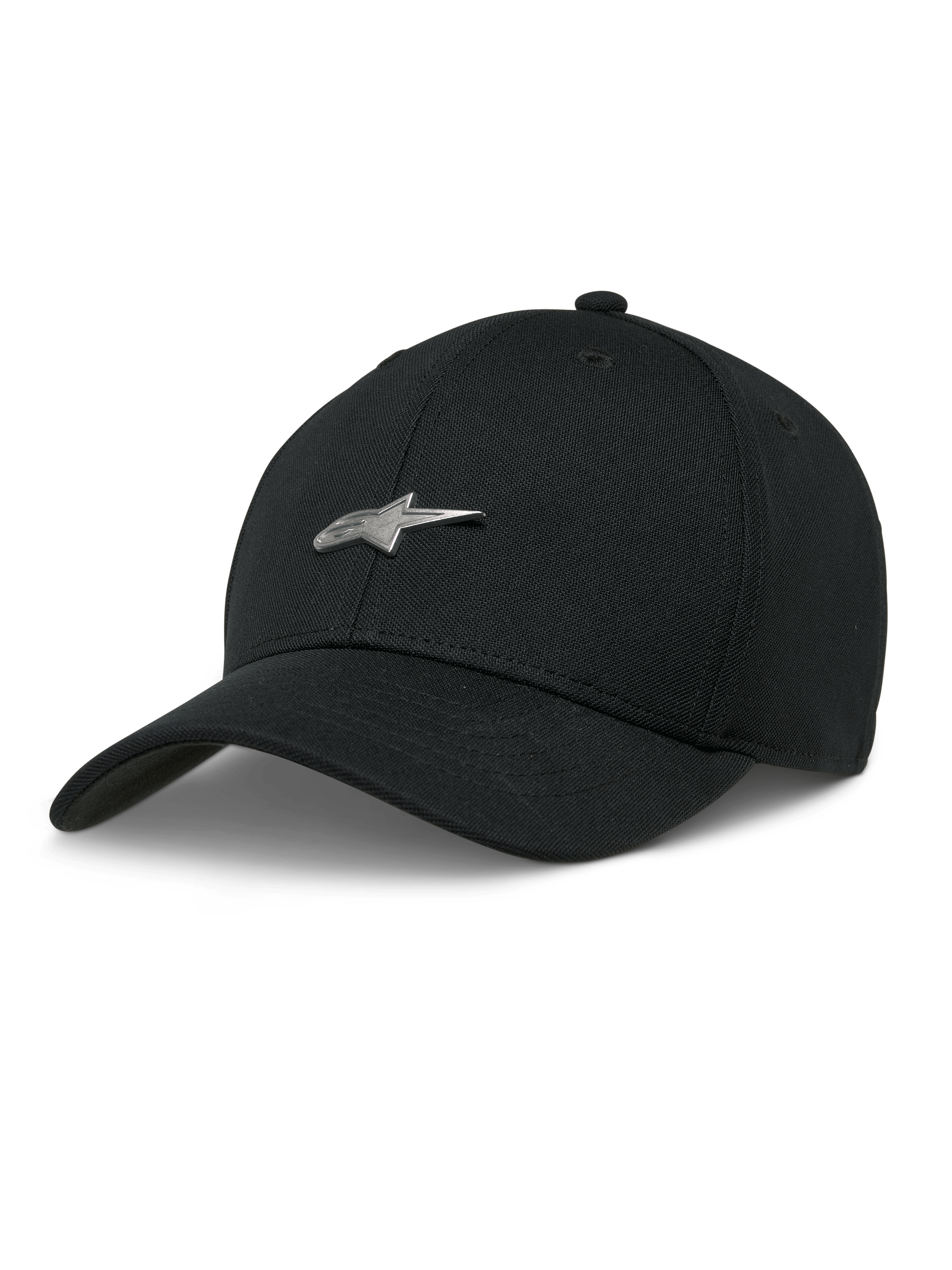 Alpinestars Metal Logo Pet, zwarte baseballcap, zilveren 3D metalen sterlogo, gebogen klep, gestructureerde kroon, casual motorsportstijl