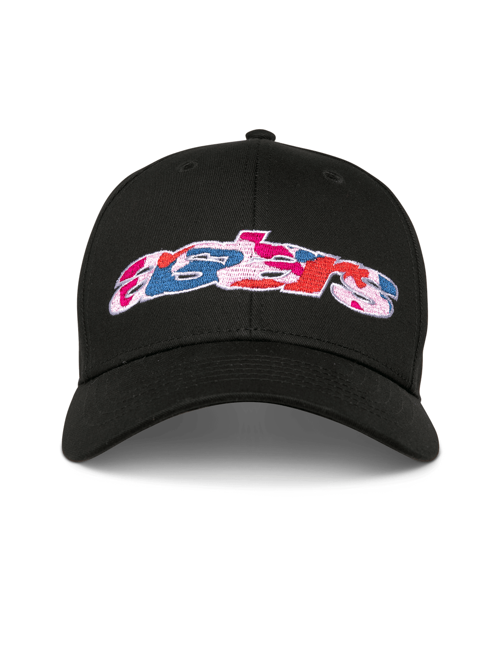 Alpinestars Canyon pet, zwarte snapback baseballcap, gebogen klep en gestructureerde kroon, Astars-logo op de voorzijde met geborduurde camo-vulling, casual sportkleding