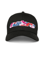 Alpinestars Canyon pet, zwarte snapback baseballcap, gebogen klep en gestructureerde kroon, Astars-logo op de voorzijde met geborduurde camo-vulling, casual sportkleding