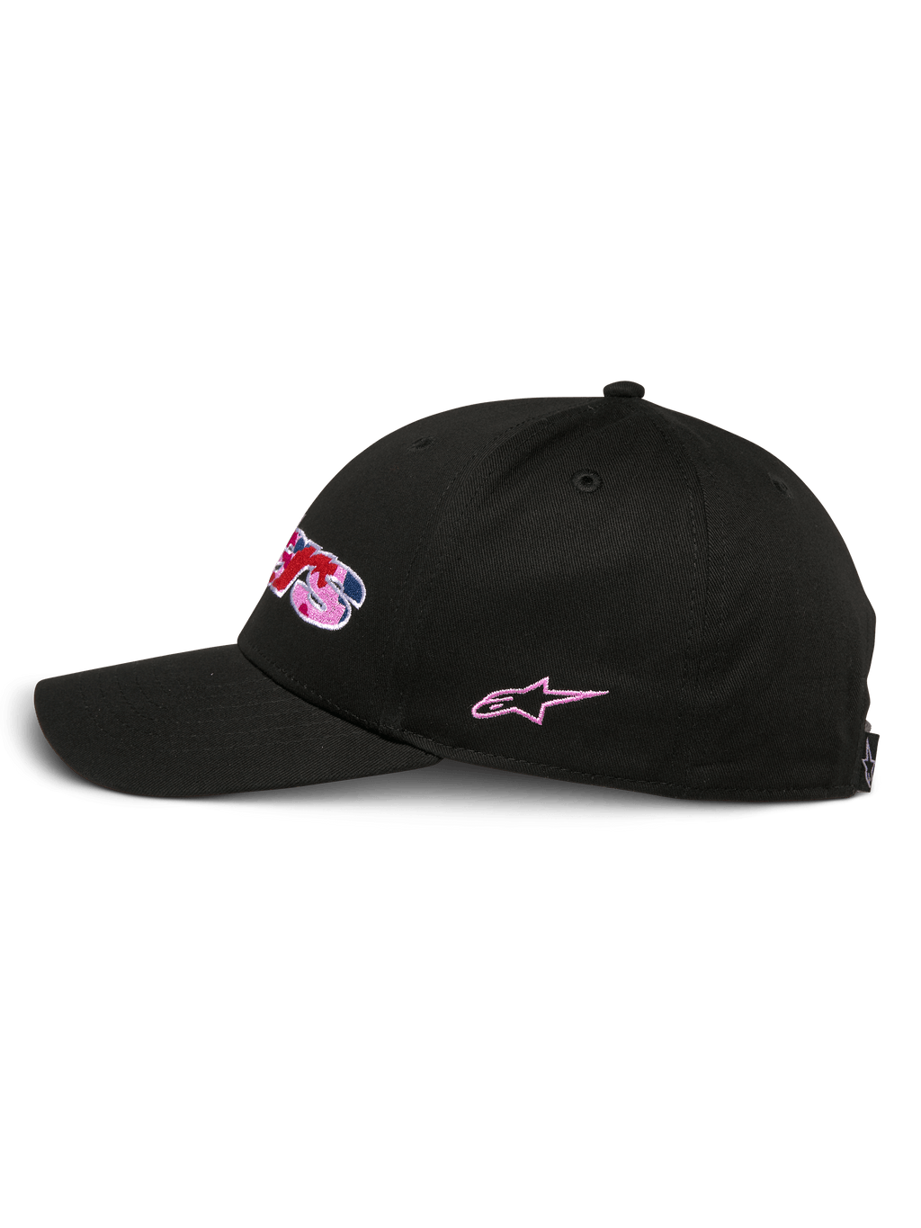 Alpinestars Canyon pet, zwarte snapback pet, zijaanzicht, gestructureerde kroon met gebogen klep, geborduurd logo op de voorzijde met camo-vulling en roze accenten, roze sterborduurwerk aan de zijkant, casual motorsportstijl