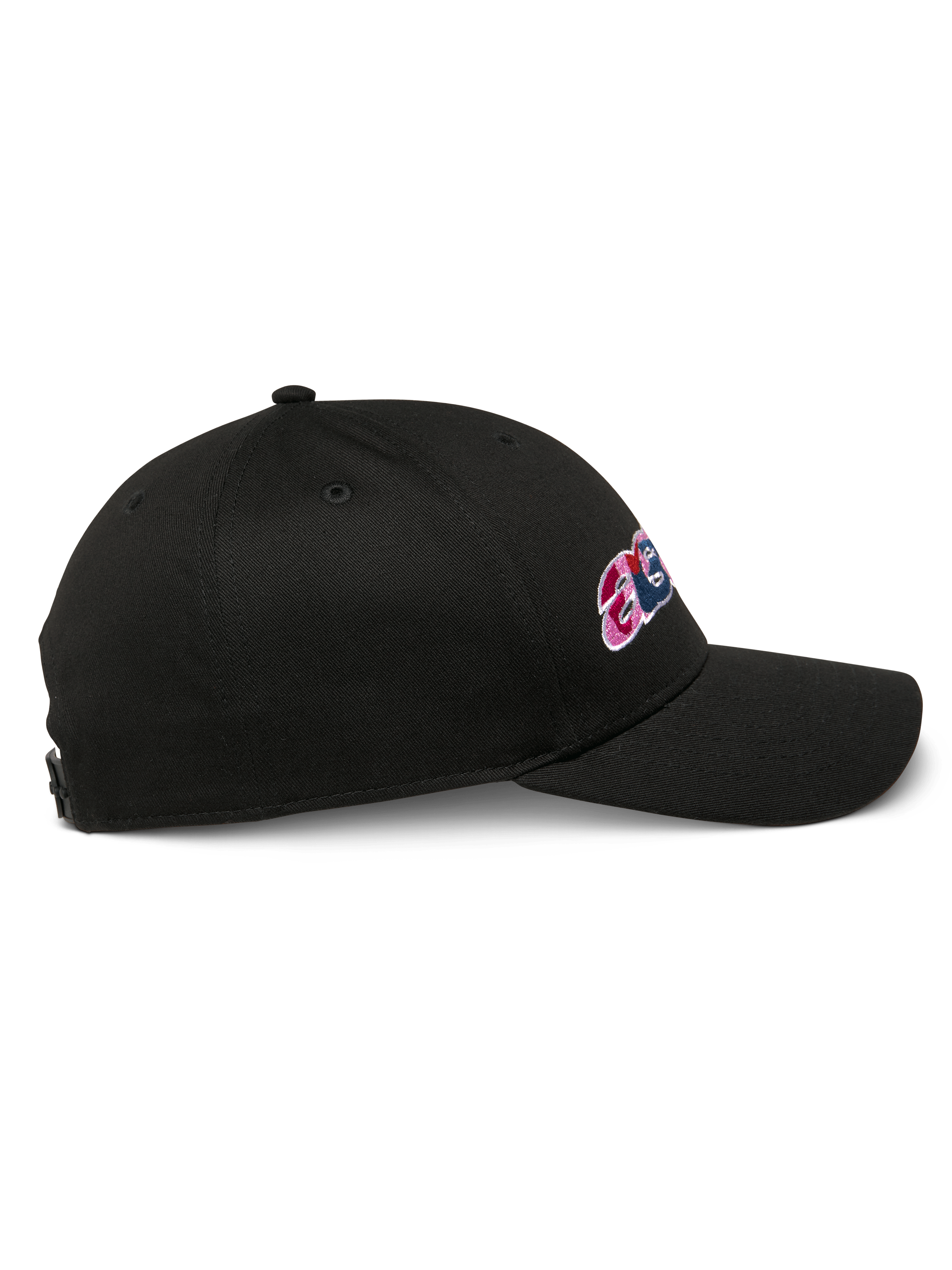Alpinestars Canyon pet, zwarte snapback pet, zijaanzicht, gebogen klep, met borduurwerk op de zijkant en een gestructureerde kroon, casual motorsport hoofdbedekking