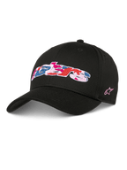 Alpinestars Canyon pet, zwarte snapback baseballcap, gebogen klep en gestructureerde kroon, Astars-logo op de voorzijde met roze, blauwe en rode camo-vulling borduurwerk, roze sterlogo aan de zijkant, casual katoenen twill streetwear