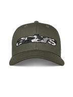 Alpinestars Canyon pet, militair groen, snapback pet met gebogen klep, geborduurd Astars-logo met camouflagevulling aan de voorzijde, casual motorsport streetwear