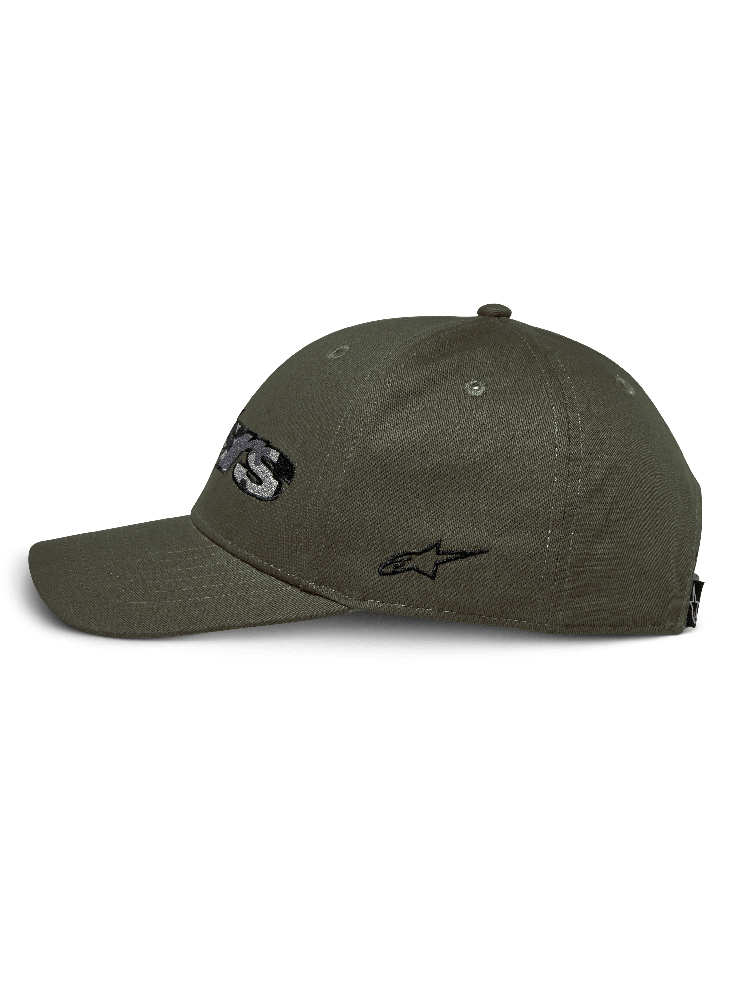 Alpinestars Canyon pet, zijaanzicht, militair groen, gebogen klep met gestructureerde kroon, katoenen keperstof, voorzien van een zwart geborduurd logo aan de zijkant, casual motorsport streetwear