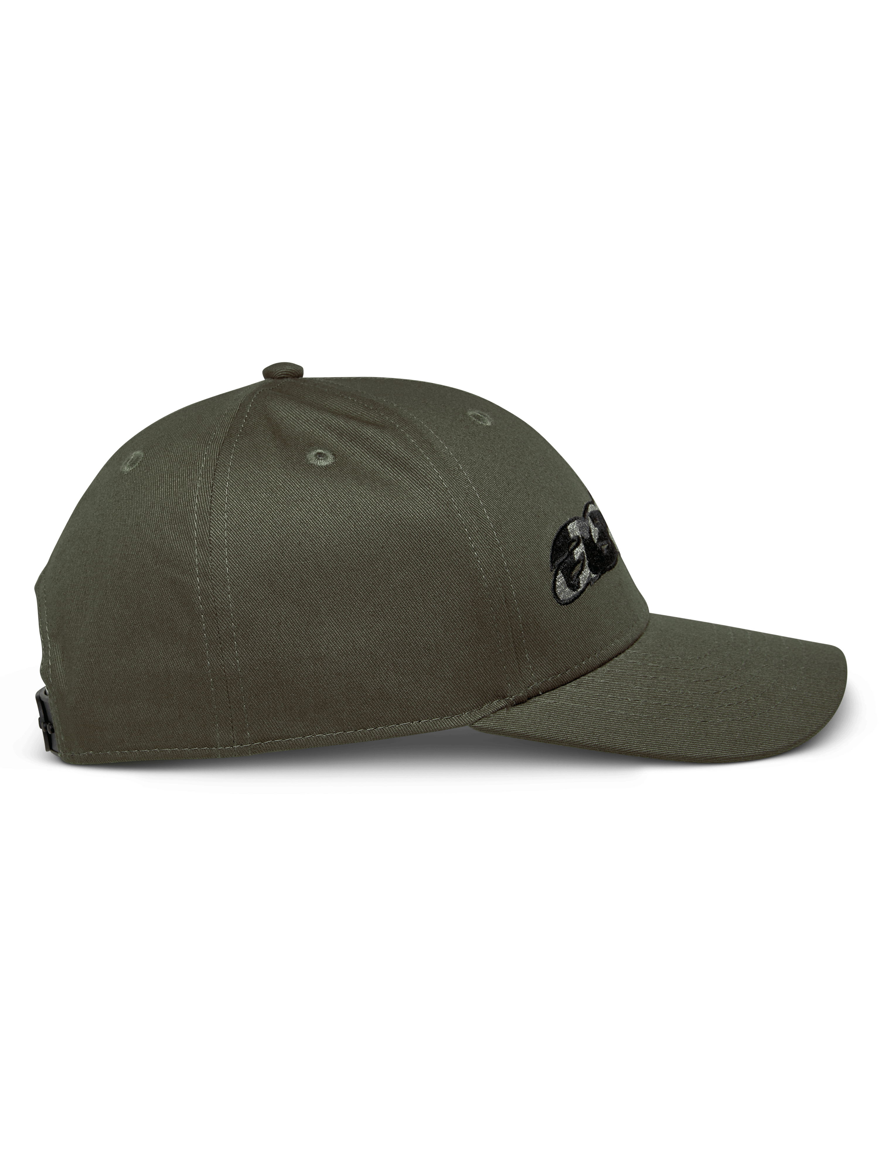 Alpinestars Canyon pet, zijaanzicht, Military Green, gestructureerde kroon met gebogen klep, voorzien van geborduurd Astars-logo met camouflagevulling, casual motorsport-geïnspireerde streetwear