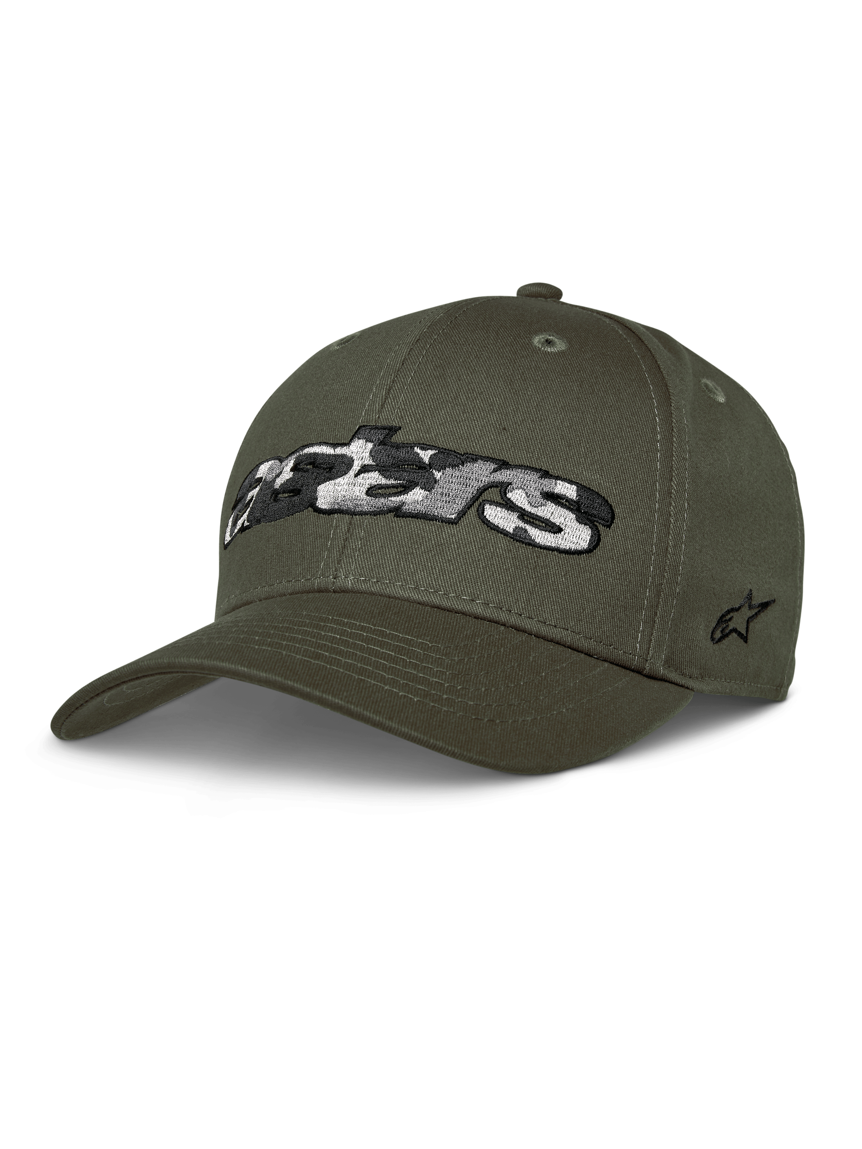 Alpinestars Canyon Hat, legergroene baseballcap, gestructureerde kroon met gebogen klep, groot Astars-logo met camouflagevulling op de voorkant, geborduurd sterlogo aan de zijkant, casual motorsportstijl