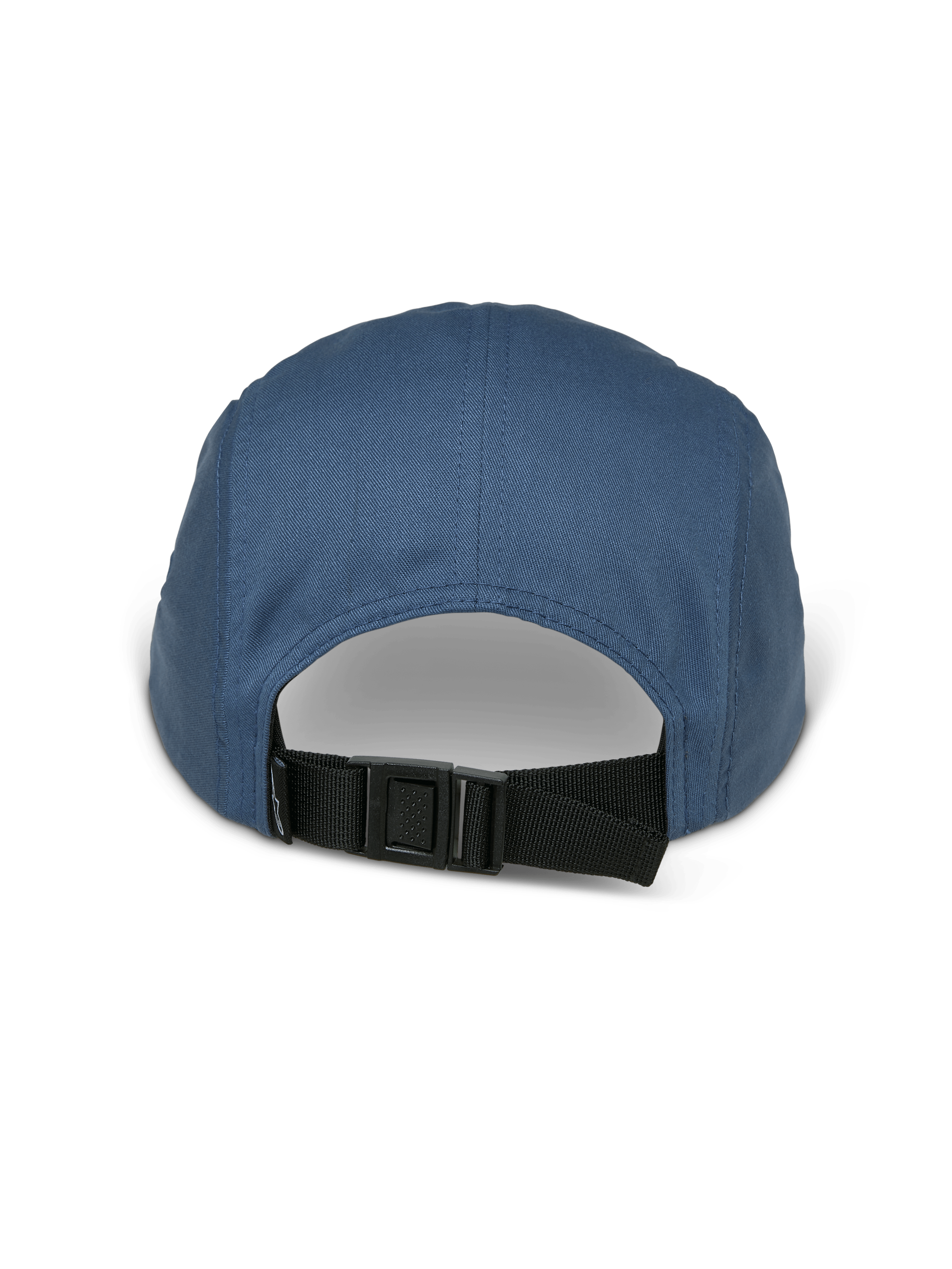 Alpinestars Peasy pet, 5-panel jockey pet, blauw, achteraanzicht met verstelbare zwarte clip-gespsluiting en ongestructureerde kroon, twill-stof, casual motorsport-geïnspireerde streetwear