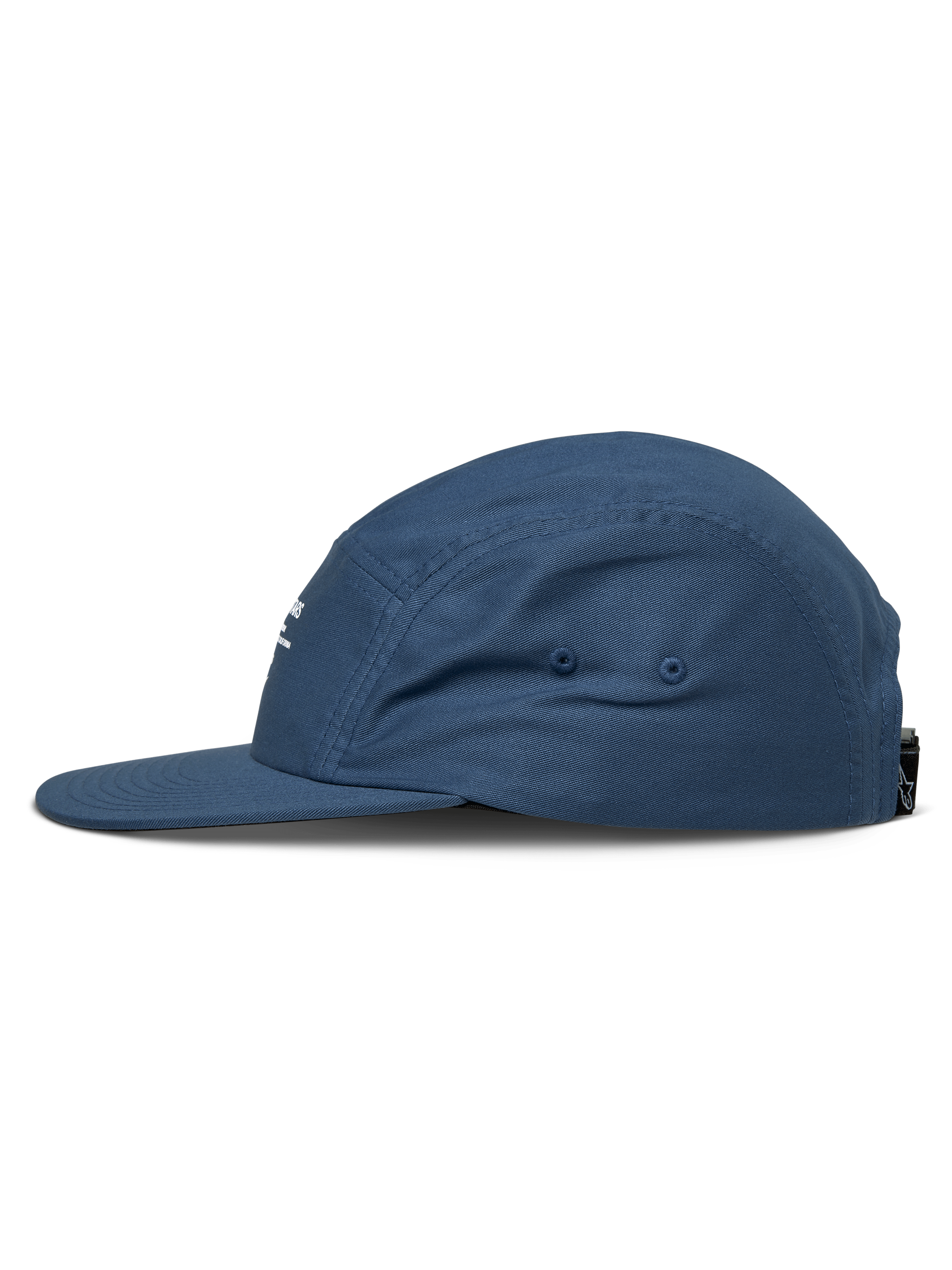 Alpinestars Peasy Pet, 5-panel jockey pet, blauw, zijaanzicht, platte klep, ongestructureerde kroon, twill materiaal, casual motorsport-geïnspireerde hoofdbedekking