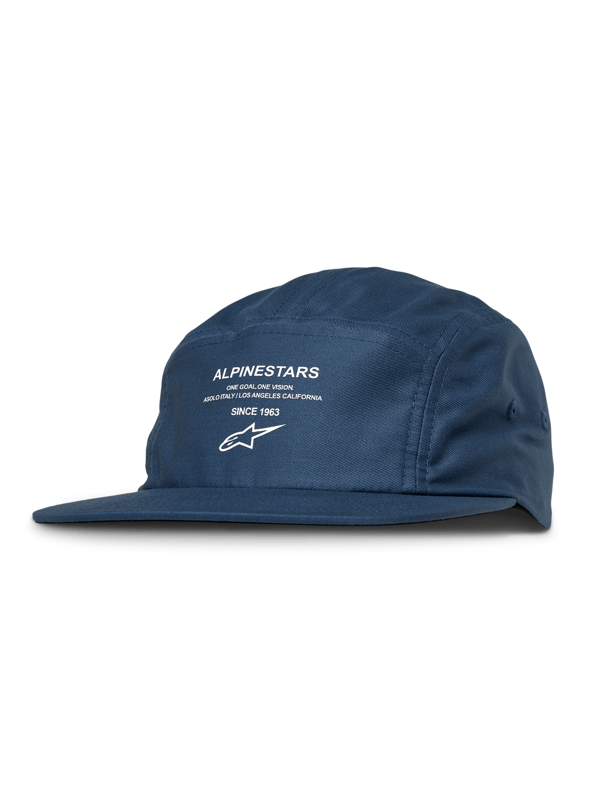 Alpinestars Peasy Hat, 5-Panel-Jockey-Kappe, Blau, weißer Grafikdruck mit Logo und Text, flacher Schirm, unstrukturierte Krone, lässige Motorsport-Streetwear