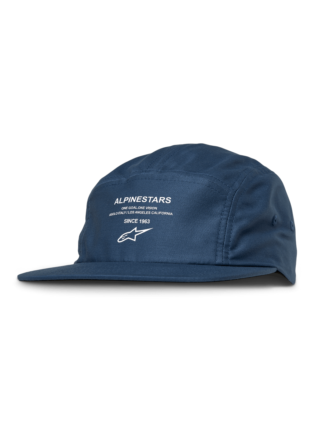 Alpinestars Peasy pet, 5-panel jockey pet, blauw, witte grafische print met logo en tekst, platte klep, ongestructureerde kroon, casual motorsport streetwear