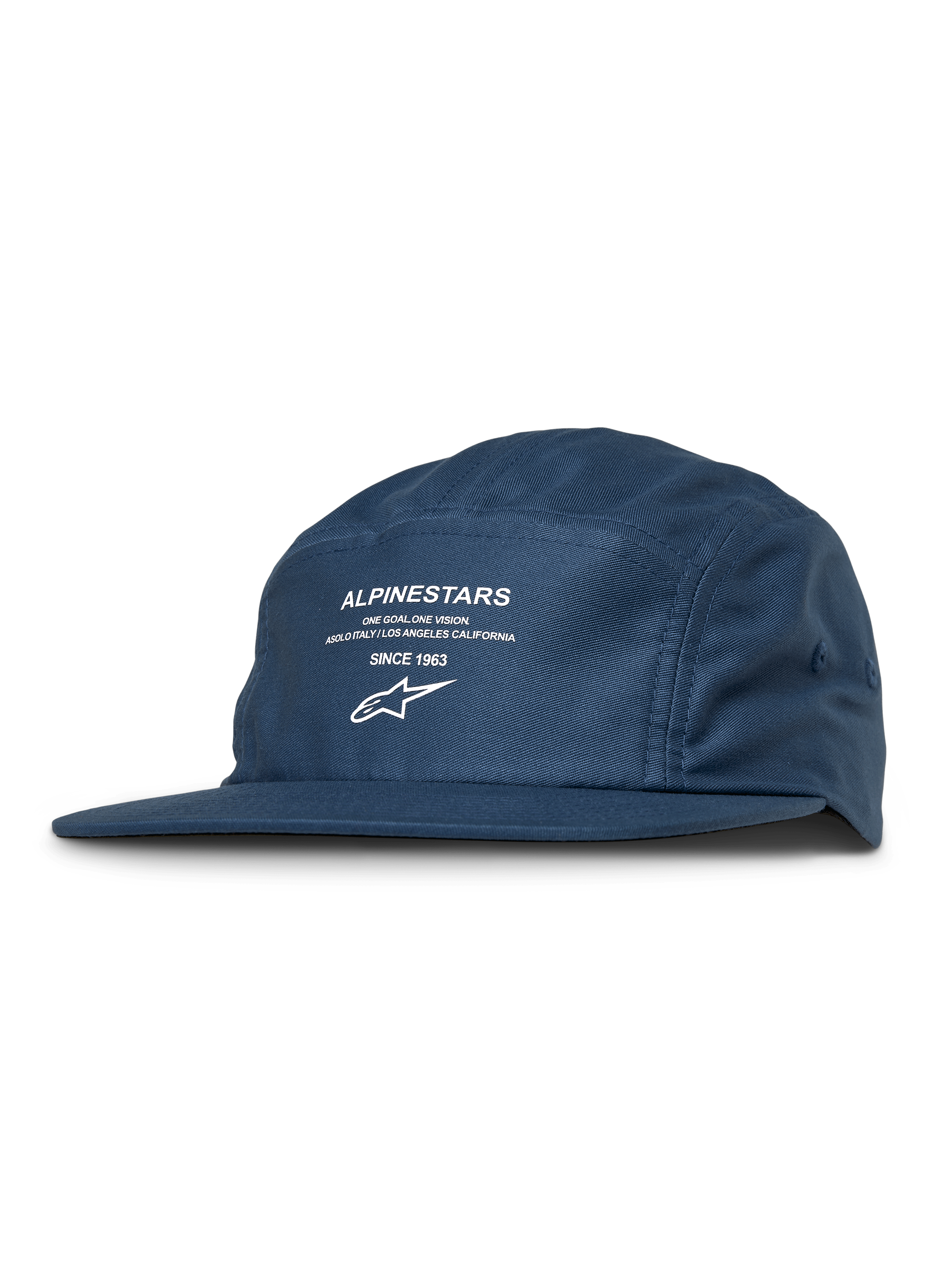 Alpinestars Peasy pet, 5-panel jockey pet, blauw, witte grafische print met logo en tekst, platte klep, ongestructureerde kroon, casual motorsport streetwear