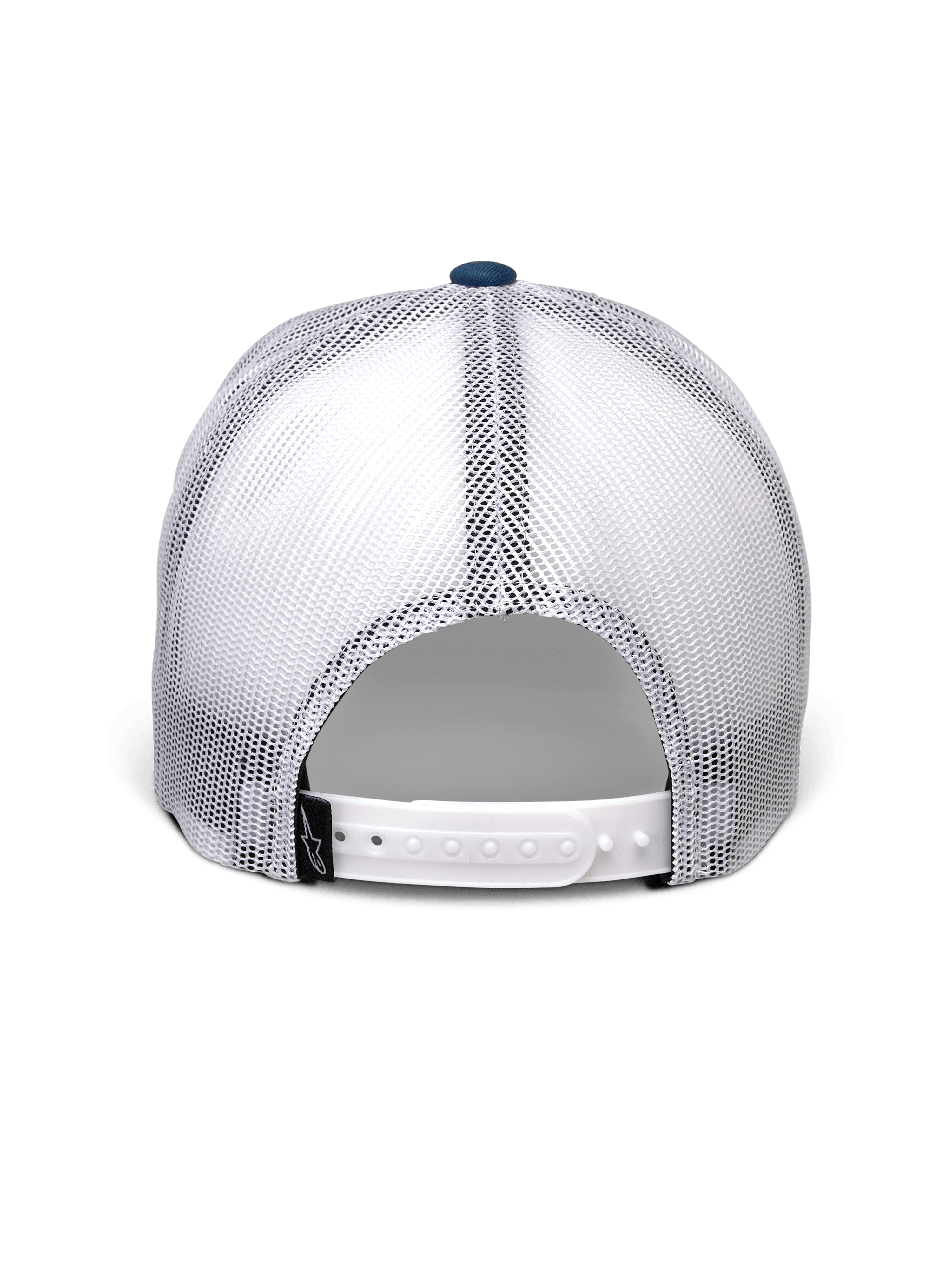 Casquette Trucker Gambit Alpinestars, bleu et blanc, vue arrière avec panneaux en maille blanche respirante, fermeture à pression blanche et petite étiquette noire avec logo Alpinestars, couvre-chef décontracté inspiré des sports mécaniques