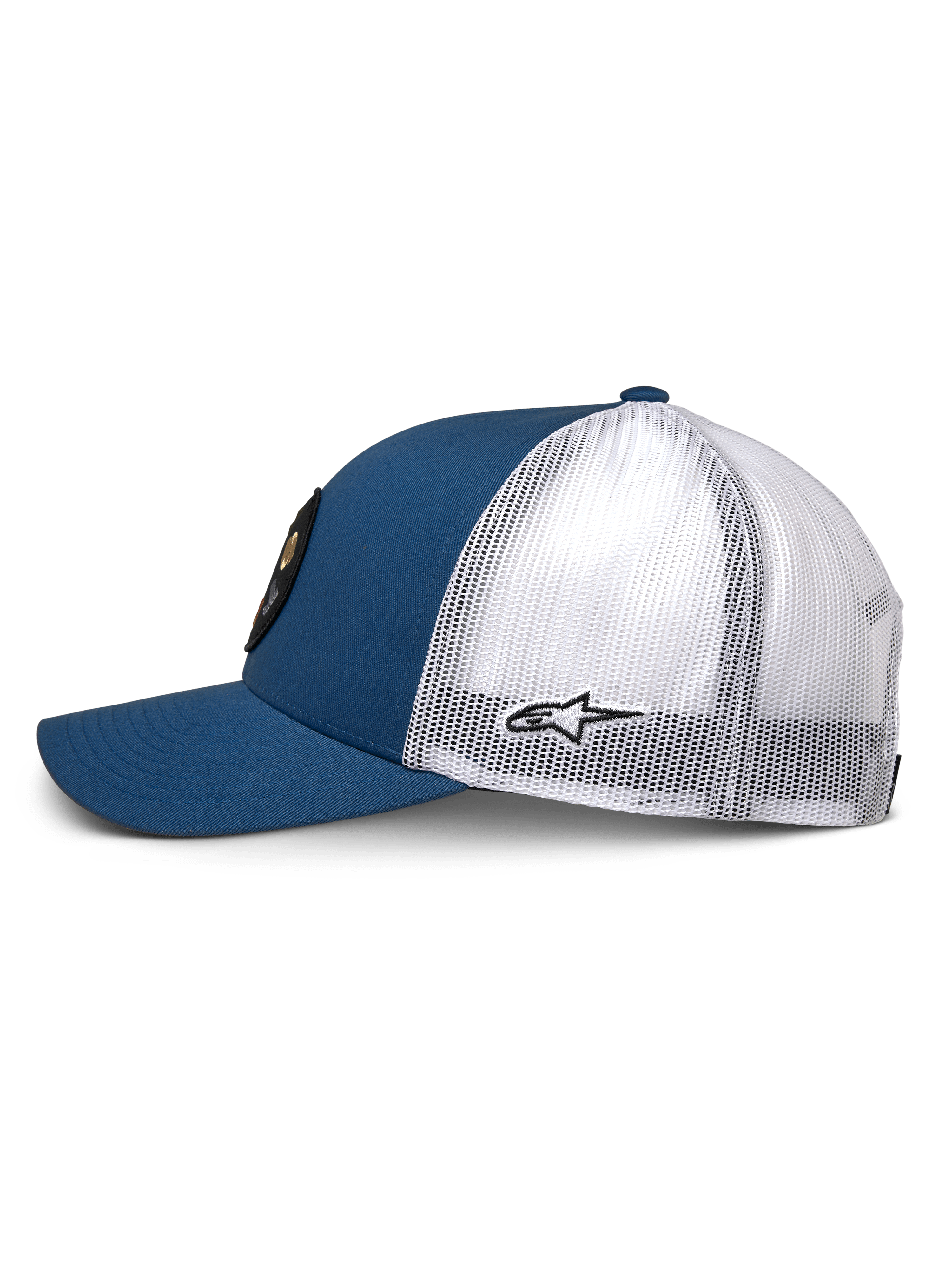 Casquette Trucker Gambit Alpinestars, bleu et blanc, vue de profil avec l'avant et la visière en sergé bleu et l'arrière en maille blanche, petit logo Astar noir sur le côté, couronne structurée