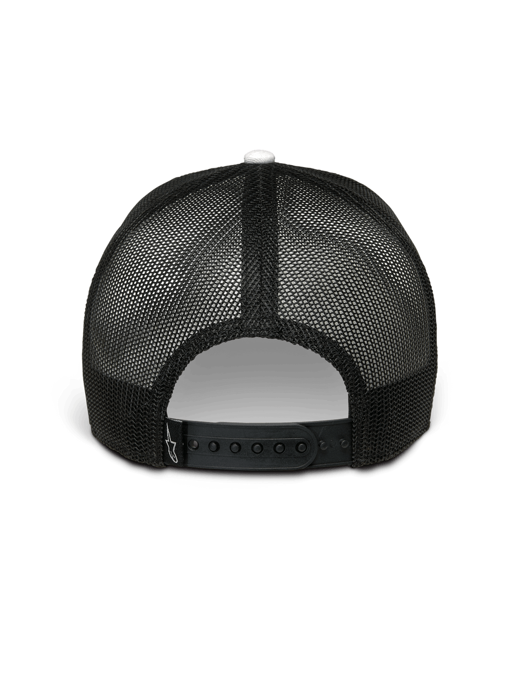 Alpinestars Hardware Trucker Hat, White and Black, Rear View, black poly mesh back with adjustable snapback closure, featuring a small white Alpinestars logo on the strap, casual motorsport streetwear