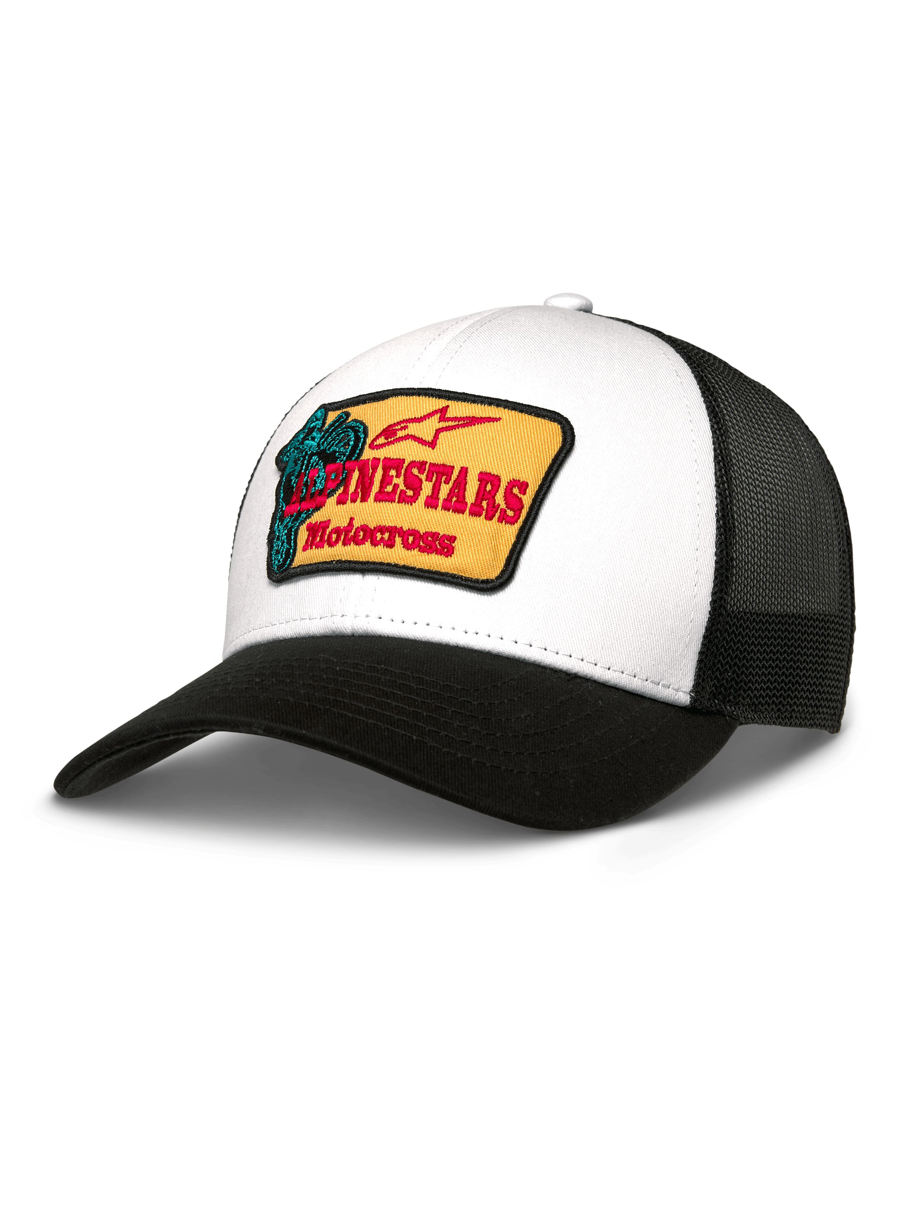 Alpinestars Hardware Trucker Hat, weiße Twill-Vorderseite und schwarze Mesh-Rückseite, gelber Stickerei-Patch mit rotem Branding und türkisfarbener Motocross-Grafik, gebogener schwarzer Schirm, lässige Sportbekleidung