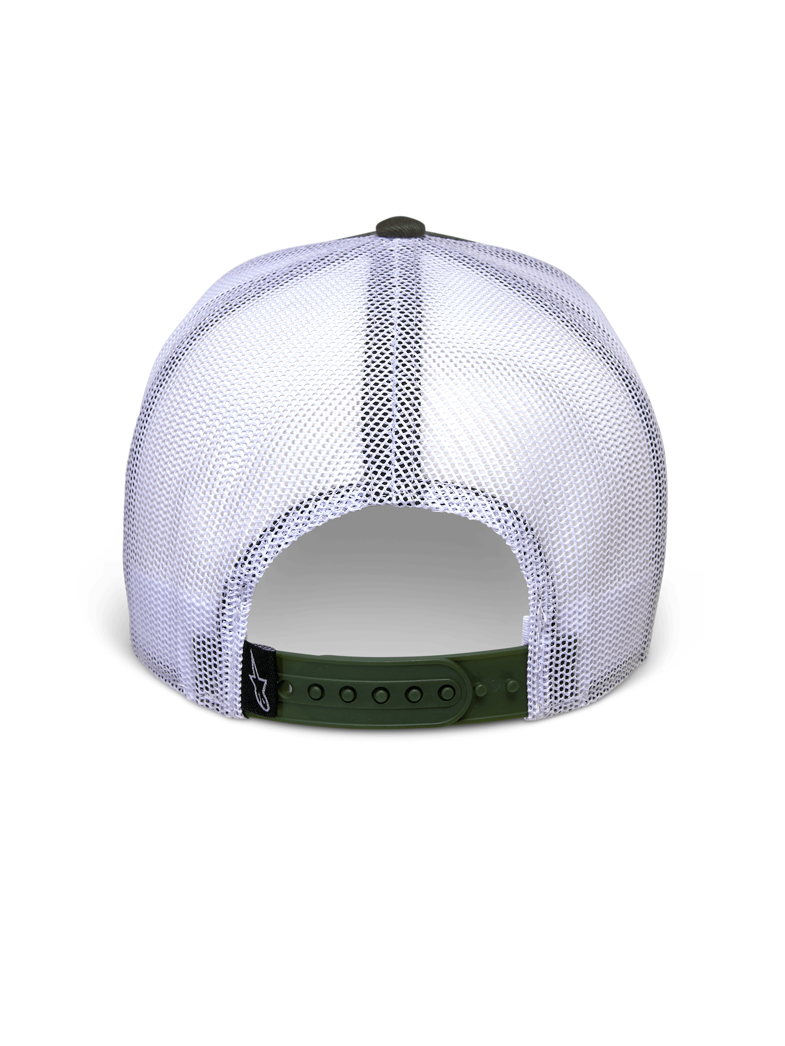 Casquette Trucker Alpinestars Hardware en Military White, vue arrière avec panneaux en maille blanche et fermeture à pression vert olive, petite étiquette noire avec logo A-star, couvre-chef décontracté d'inspiration sport automobile