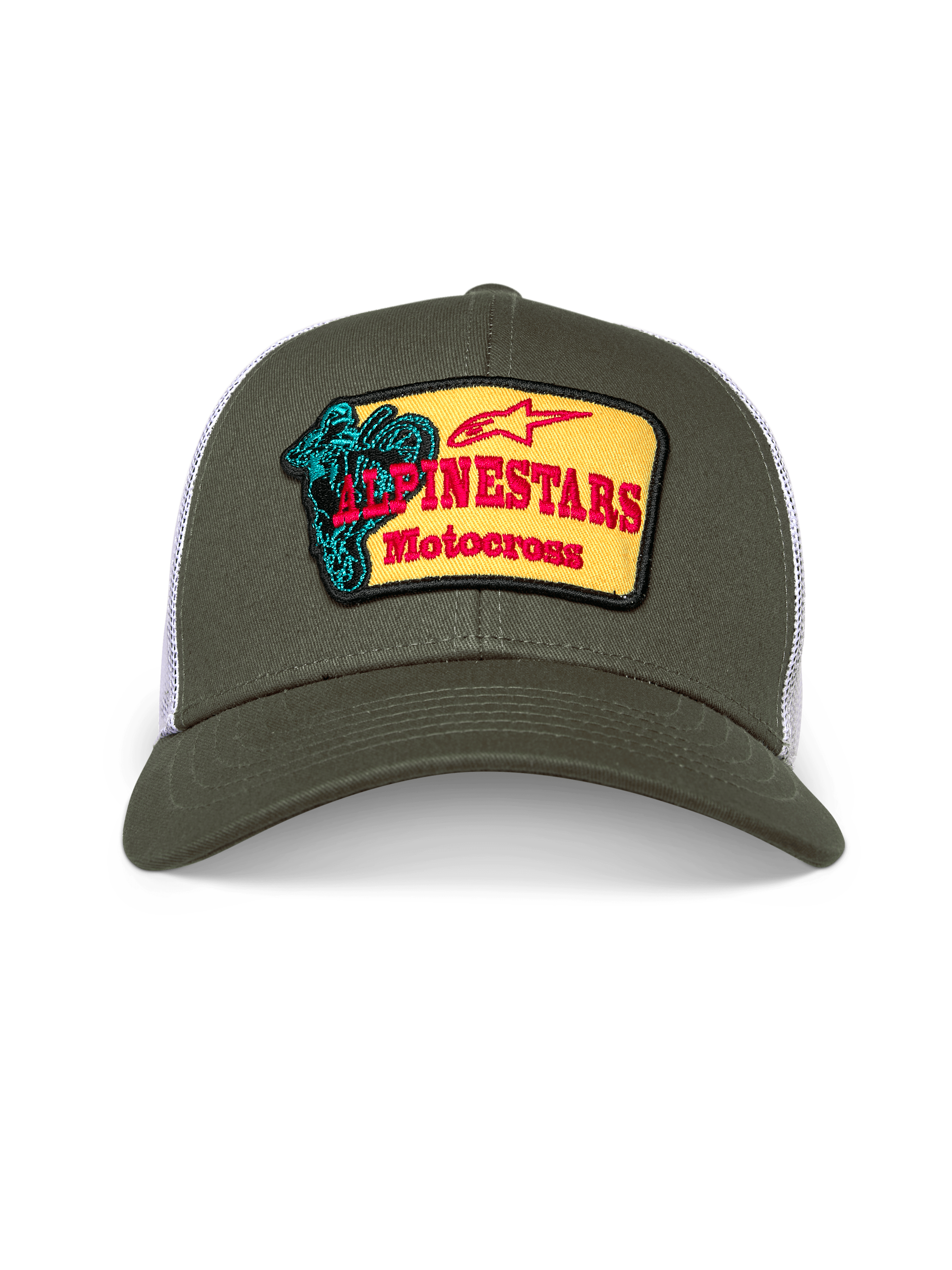 Casquette Trucker Alpinestars Hardware, casquette trucker vert olive et blanc, couronne structurée avec visière courbée, écusson brodé jaune à l'avant avec logo Alpinestars Motocross rouge et motif de pilote bleu sarcelle, style streetwear décontracté