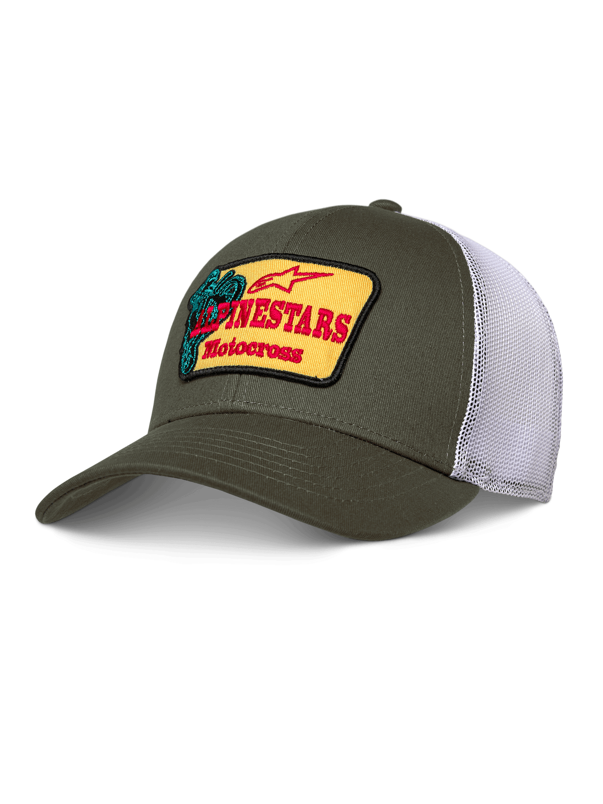 Casquette Alpinestars Hardware Trucker, vert olive et maille blanche, écusson jaune avec logo Alpinestars Motocross rouge, visière courbée, couronne structurée, vêtement de sport décontracté