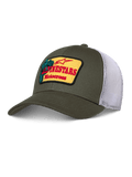 Casquette Alpinestars Hardware Trucker, vert olive et maille blanche, écusson jaune avec logo Alpinestars Motocross rouge, visière courbée, couronne structurée, vêtement de sport décontracté