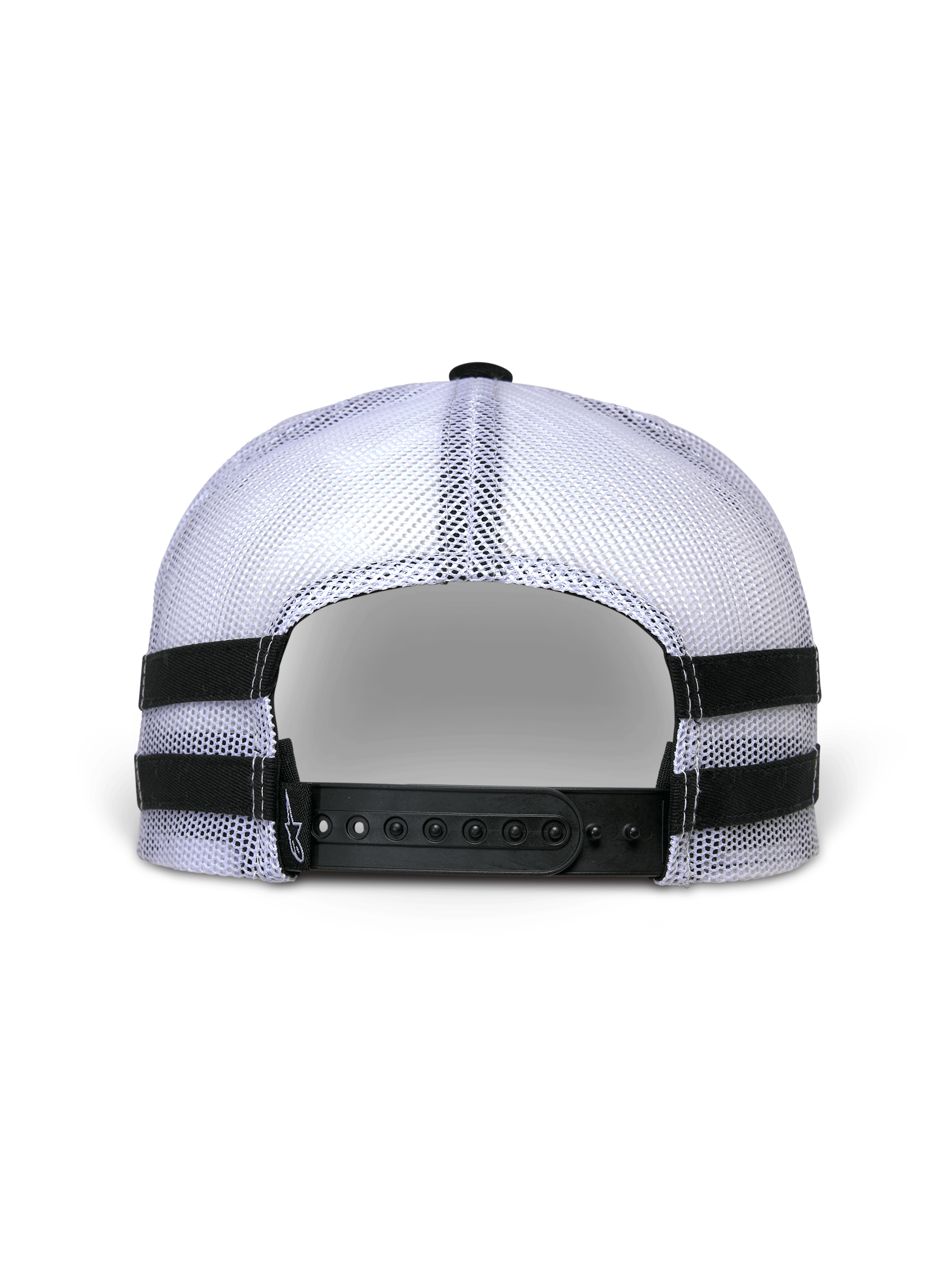 Alpinestars Backline Trucker Mütze, Rückansicht, weiße Mesh-Rückseite mit schwarzem Snapback-Verschluss, horizontale schwarze Applikationsstreifen an den Seiten, lässiger Motorsport-Streetwear-Stil