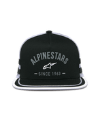 Alpinestars Backline Trucker Hat, Trucker Cap, Schwarz und Weiß, Logo-Grafik vorne mit „Alpinestars Since 1963“, flacher Schirm mit weißem Rand, strukturierte Krone und Mesh-Rückseite