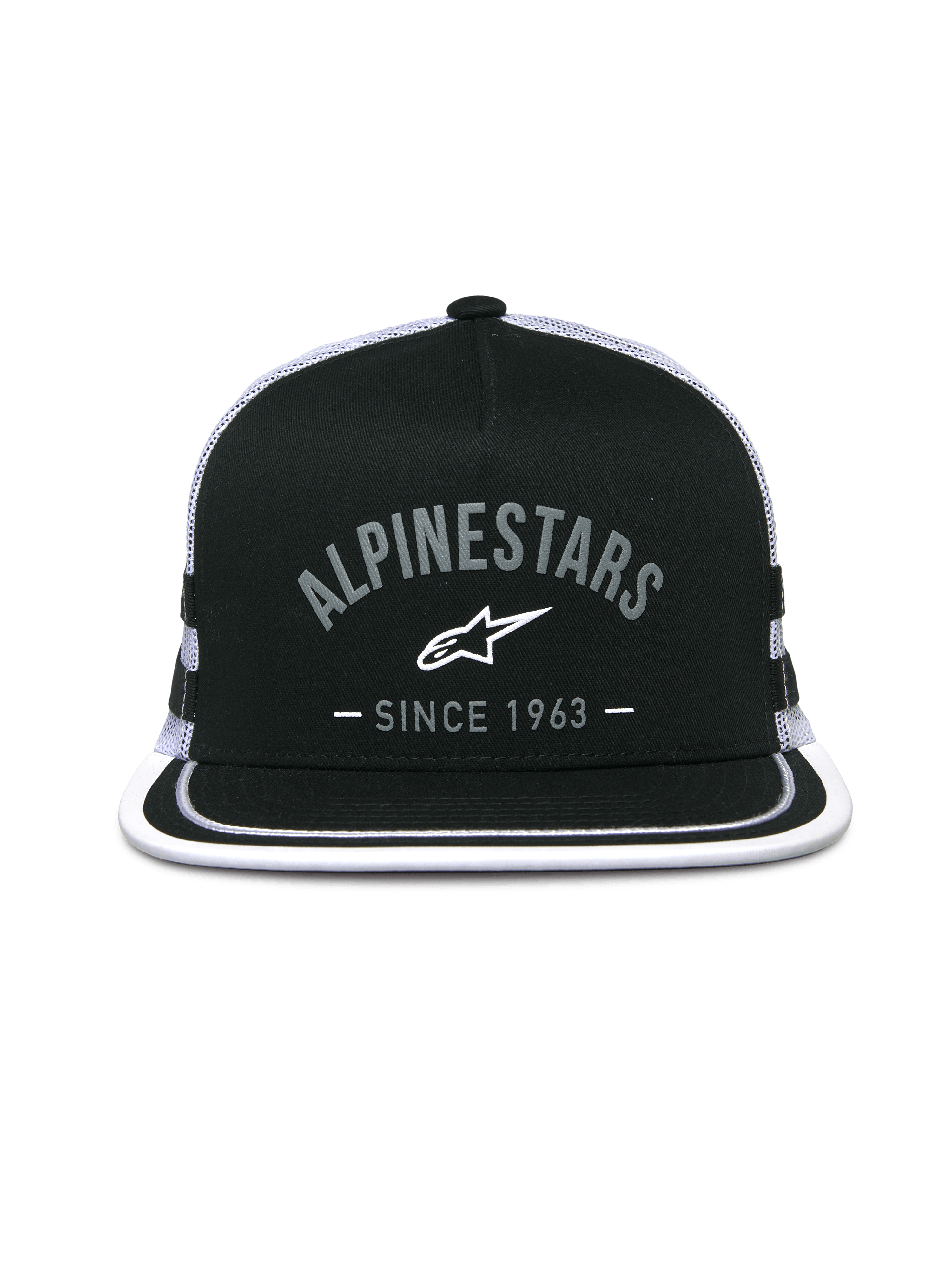 Alpinestars Backline Trucker Hat, Trucker Cap, Schwarz und Weiß, Logo-Grafik vorne mit „Alpinestars Since 1963“, flacher Schirm mit weißem Rand, strukturierte Krone und Mesh-Rückseite