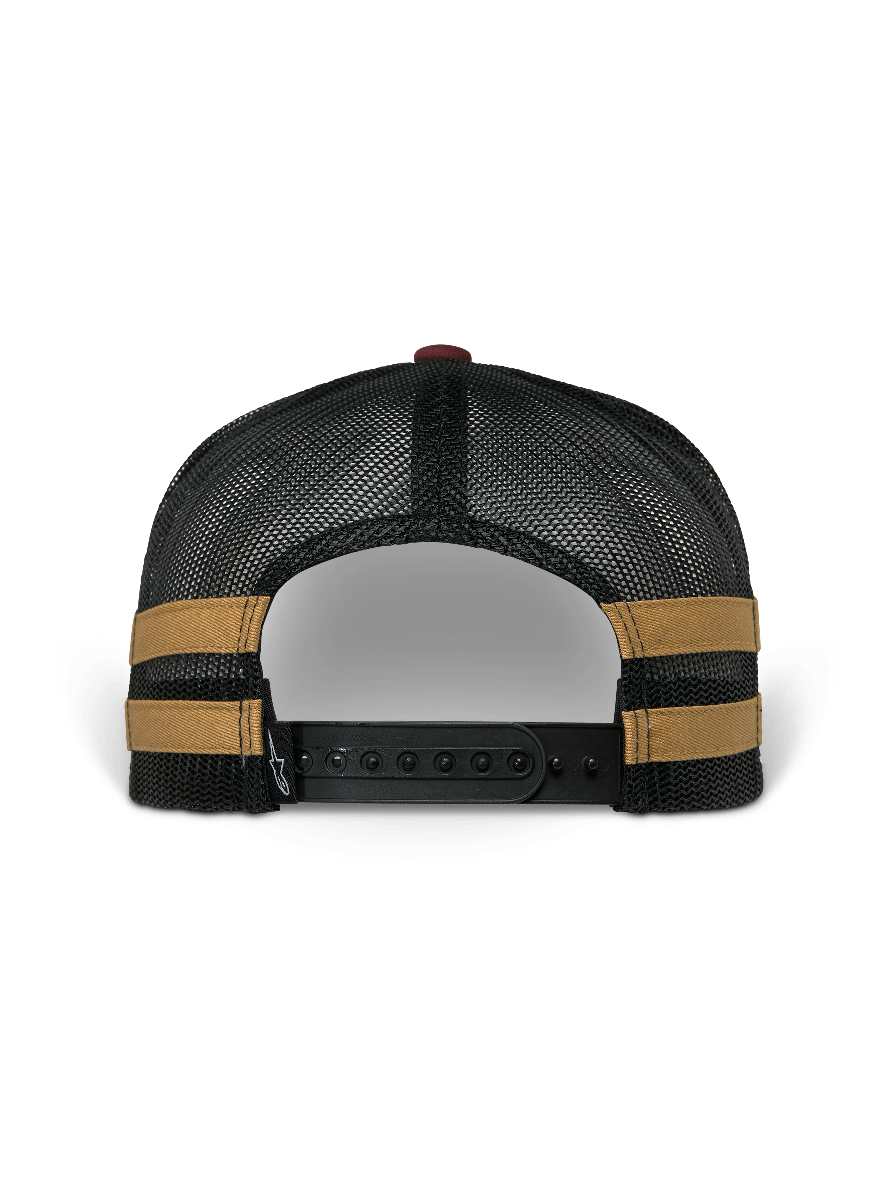 Alpinestars Backline Trucker Mütze, Rückansicht, schwarze Poly-Mesh-Rückseite mit senffarbenen Seitenstreifen, verstellbarer schwarzer Snapback-Verschluss, lässige, vom Motorsport inspirierte Kopfbedeckung