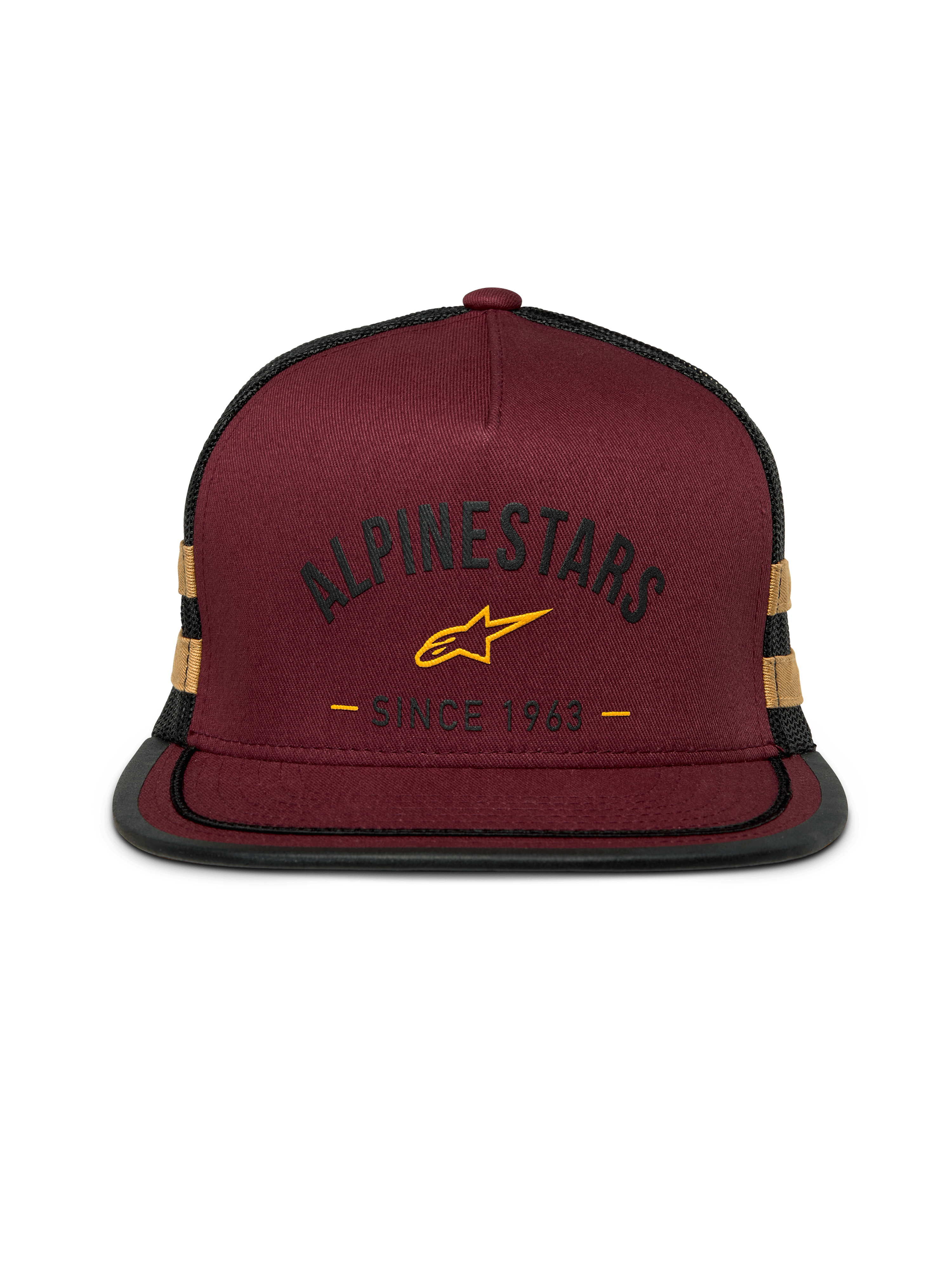 Alpinestars Backline Trucker Hat, Snapback mit flachem Schirm, ziegelrote Twill-Vorderseite mit schwarzer Mesh-Rückseite, senfgelbes Logo und Seitenstreifen, strukturierte Krone mit Soutache-Besatz am Schirm, lässige Motorsport-Streetwear