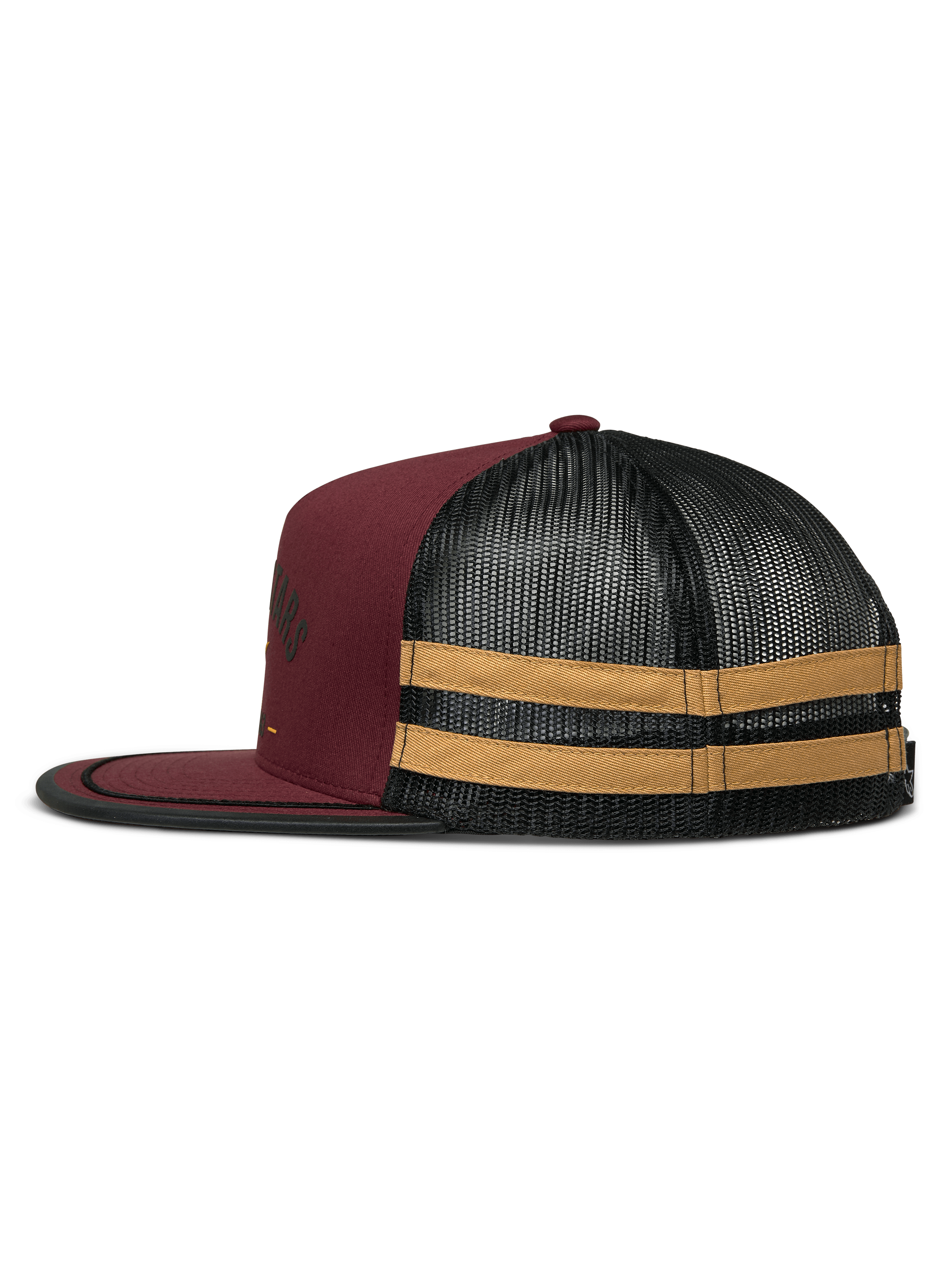 Alpinestars Backline Trucker Mütze, Seitenansicht, Brick Black und Mustard, kastanienbraune Twill-Front mit schwarzer Mesh-Rückseite, horizontale senfgelbe Streifen an der Seite, flacher Schirm mit schwarzer Randeinfassung, lässige vom Motorsport inspirierte Snapback