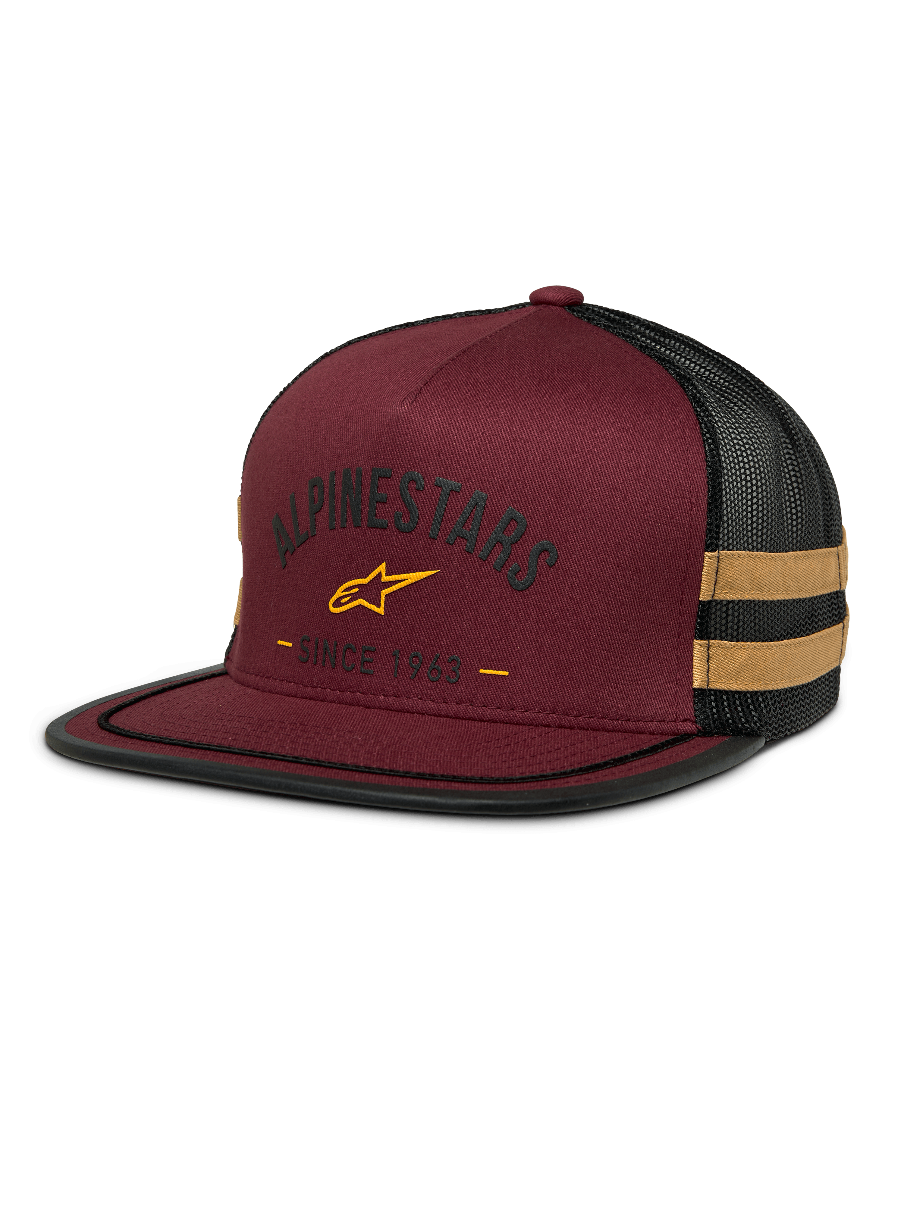 Alpinestars Backline Trucker Hat, kastanienbraune und schwarze Mesh-Kappe, gelbes Stern-Logo und „Since 1963“ Heritage-Grafik, strukturierte Krone mit flachem Schirm, senfgelbe Seitenstreifen