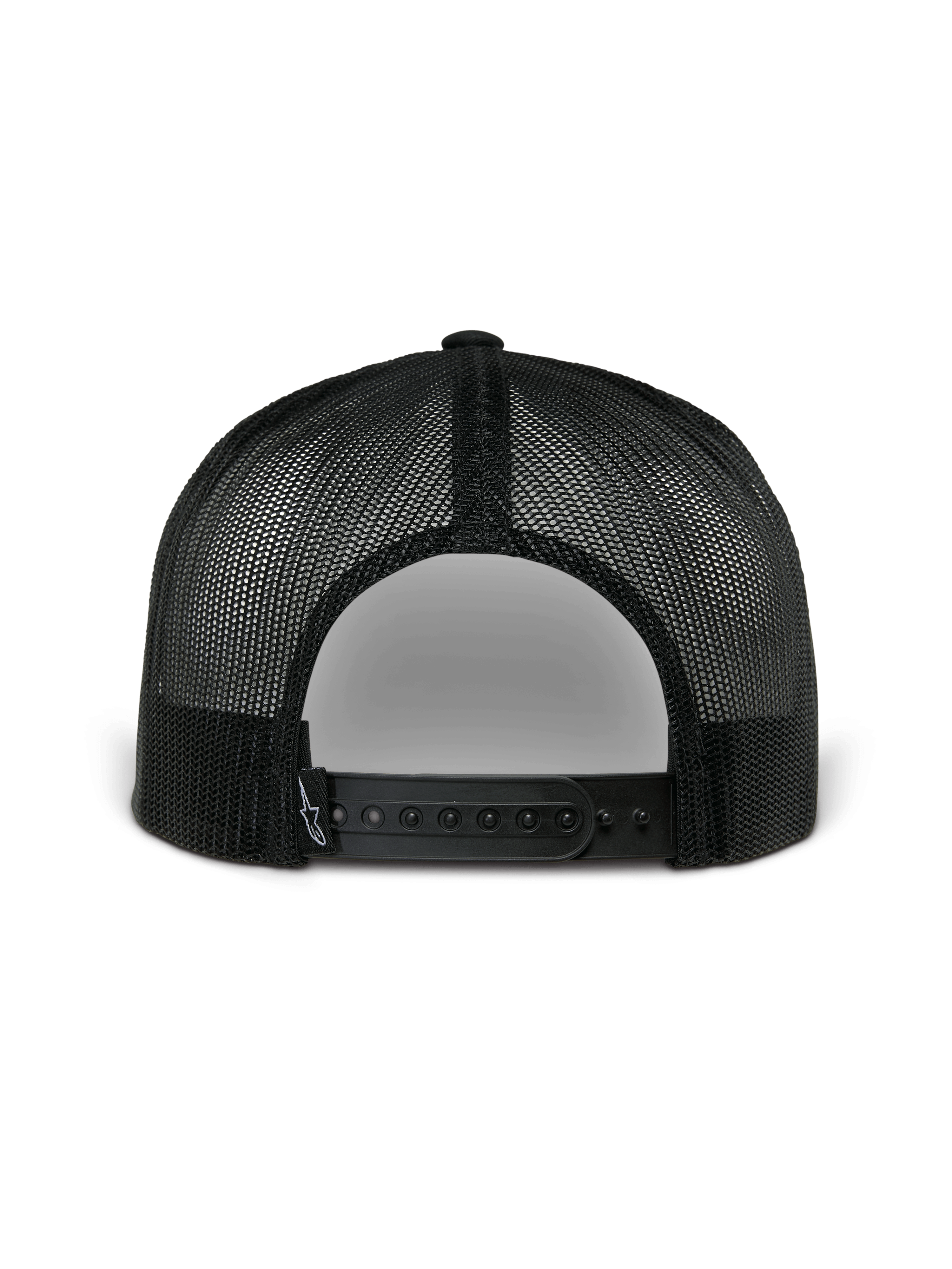 Alpinestars Orion Trucker Pet, achteraanzicht, marineblauw en zwart, voorzien van zwart poly mesh en snapback-sluiting, casual door motorsport geïnspireerde pet