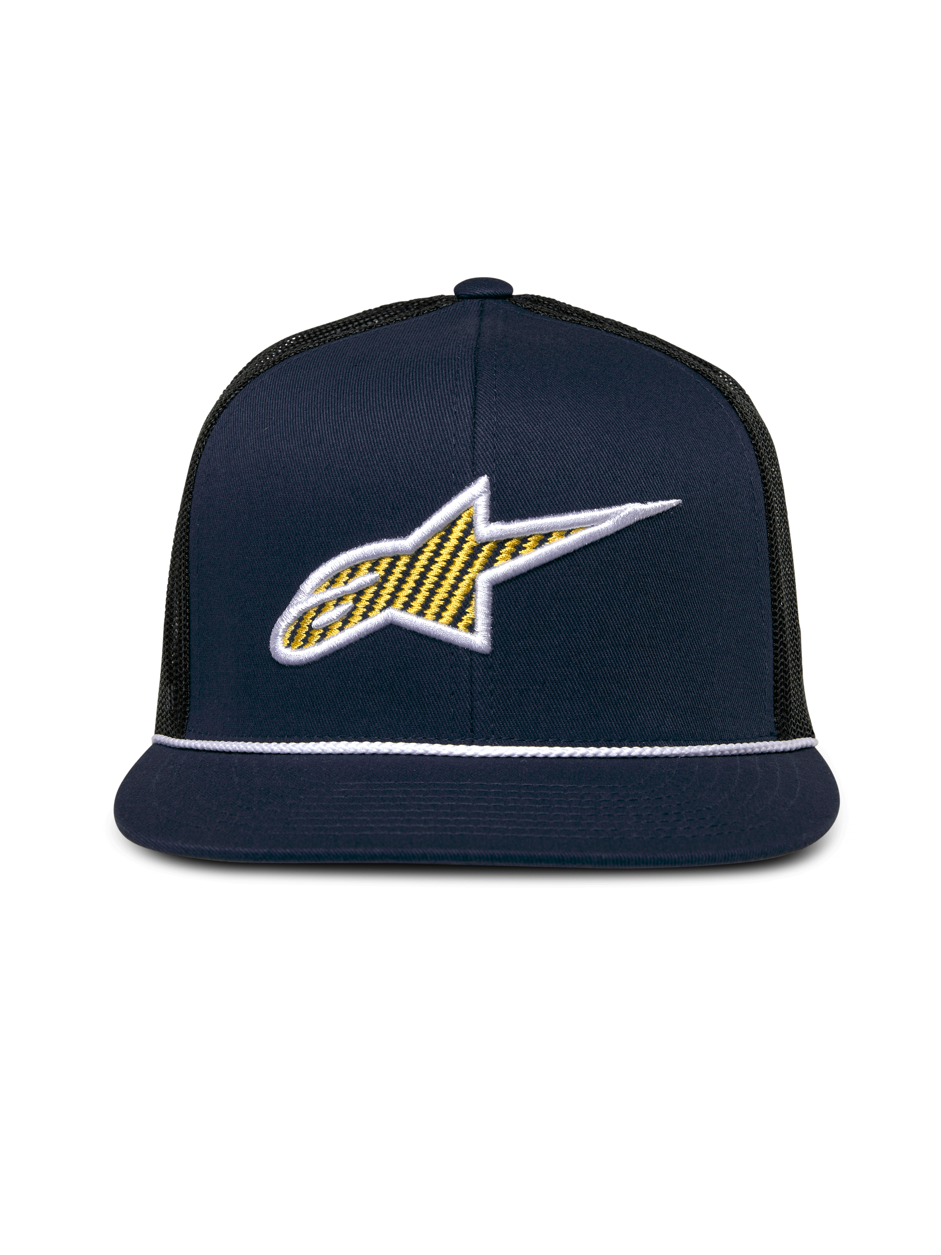 Alpinestars Orion Trucker pet, marineblauw en zwart, 3D Ageless-logo op de voorkant met gele patroonvulling en witte rand, platte klep met witte touwafwerking, gestructureerde kroon en zwarte mesh achterkant, casual motorsport hoofdbedekking