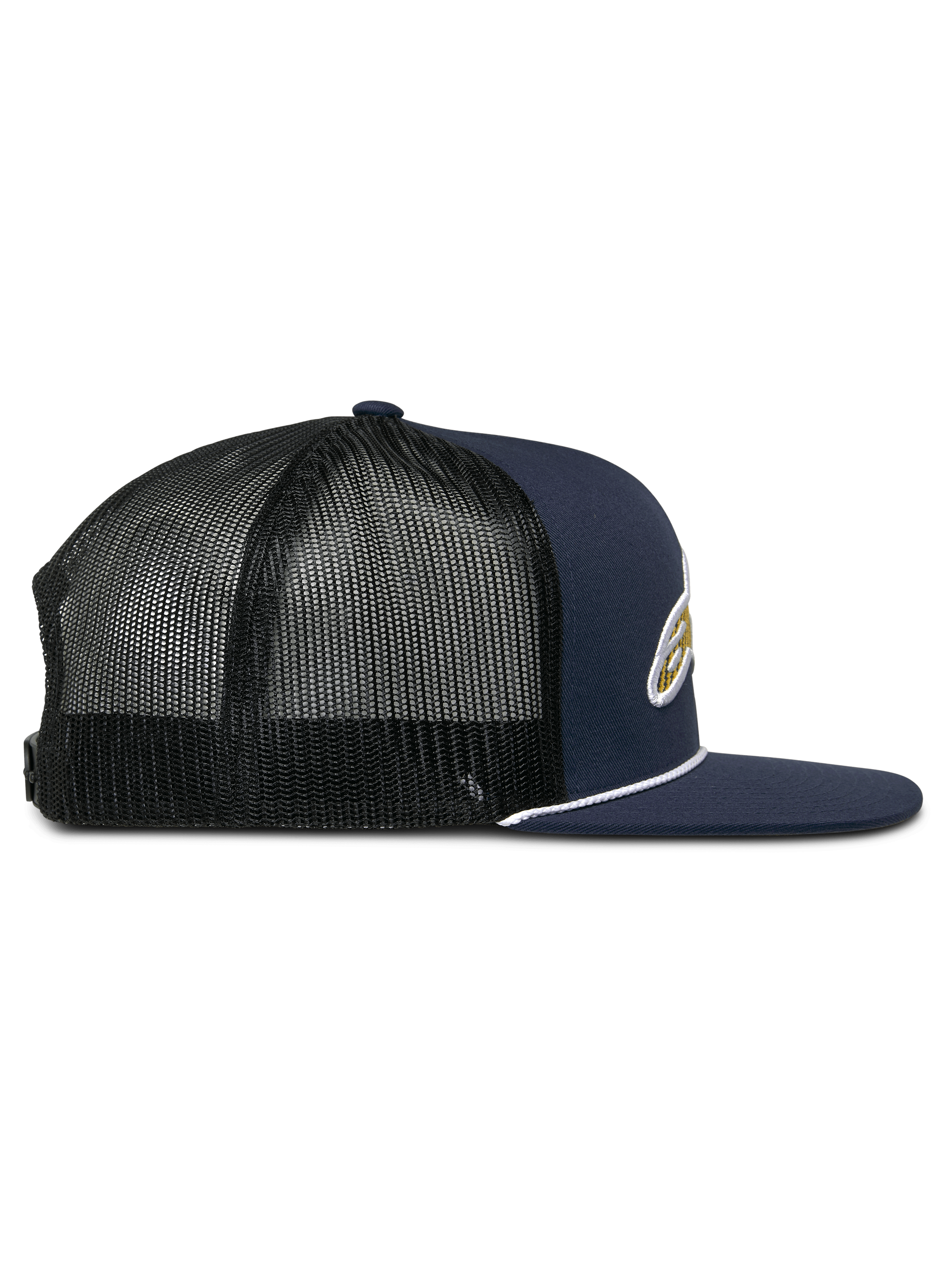 Alpinestars Orion Trucker pet, zijaanzicht, navy blauwe twill voorkant met zwarte mesh achterkant, platte klep met witte touwafwerking, gestructureerde kroon, casual motorsport hoofdbedekking