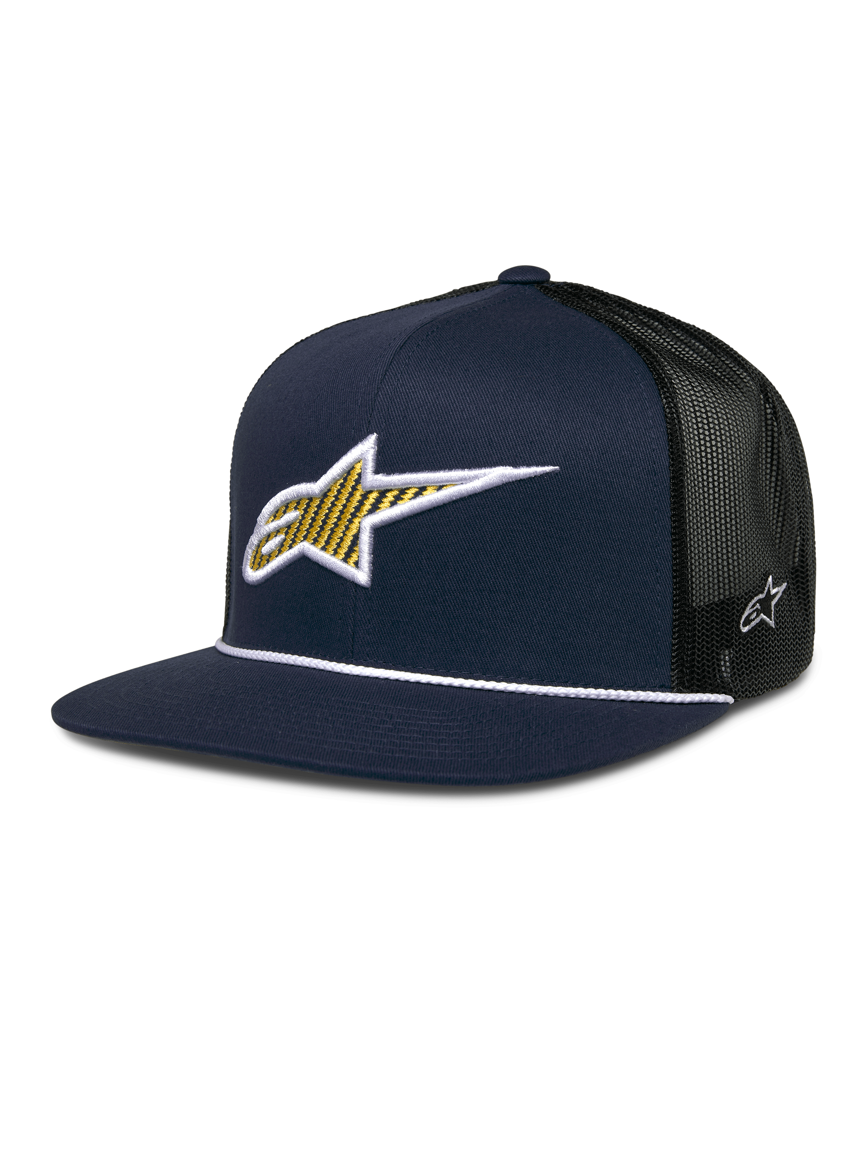 Alpinestars Orion Trucker pet, donkerblauw en zwart, gestructureerd voorpaneel met 3D geborduurd geel en wit sterlogo, zwarte mesh achterkant, wit touwdetail op de platte klep, klein wit sterembleem aan de zijkant