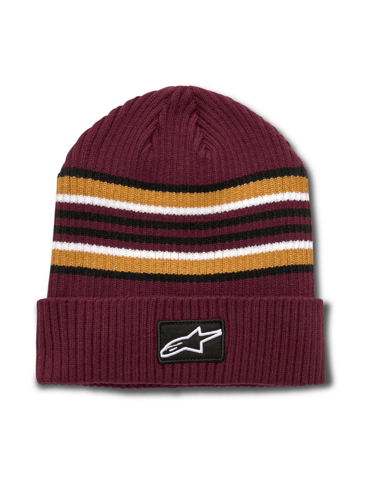Alpinestars Bolted Cuff Beanie, bordeauxrote gerippte Strick-Wintermütze, garngefärbte horizontale Streifen in Gold, Schwarz und Weiß, Umschlag mit gewebtem Alpinestars Logo-Patch, lässige Sport-Kopfbedeckung