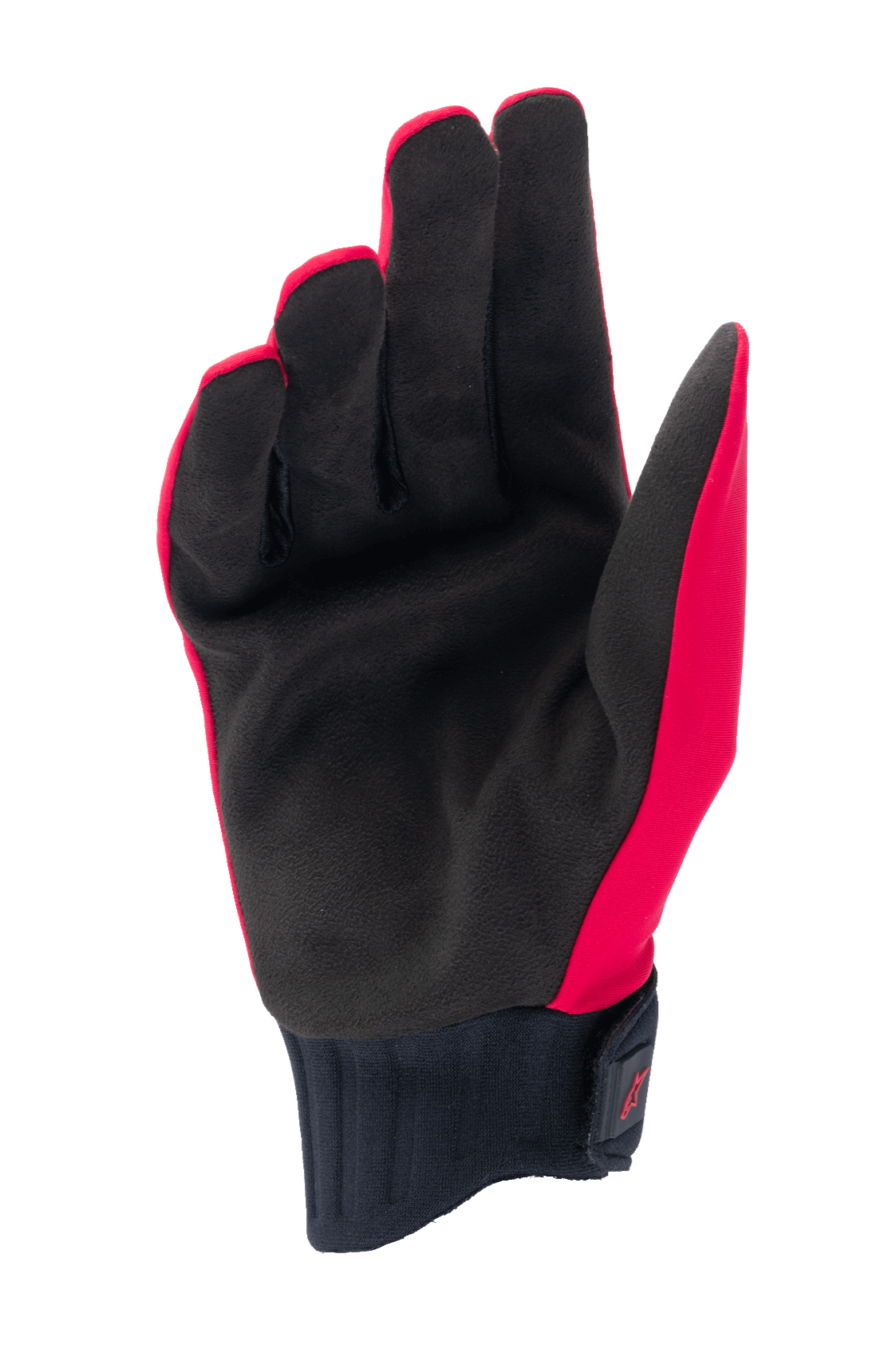 Gants de pluie Alpinestars A-Dura, gants de VTT, rouge fluo et noir, vue de la paume montrant une paume en suède synthétique noire, manchette en néoprène côtelé avec sangle auto-agrippante, design profilé pour le VTT