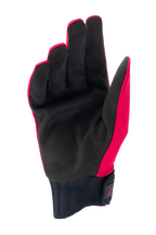 Gants de pluie Alpinestars A-Dura, gants de VTT, rouge fluo et noir, vue de la paume montrant une paume en suède synthétique noire, manchette en néoprène côtelé avec sangle auto-agrippante, design profilé pour le VTT