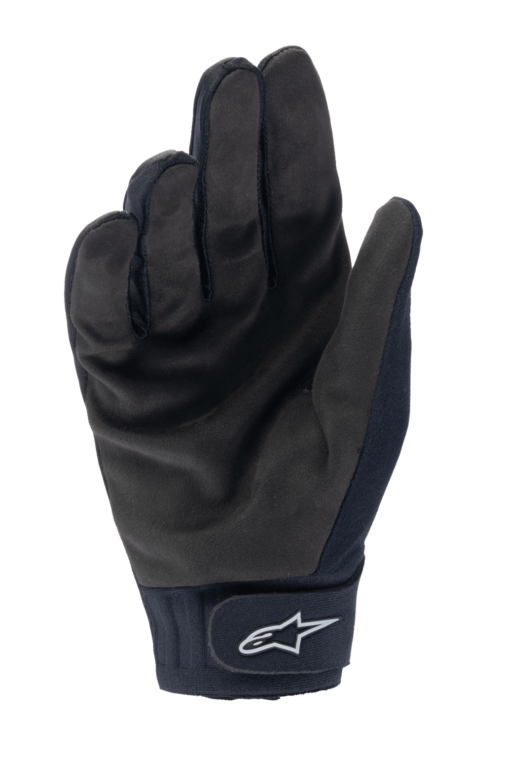 Gants thermiques Alpinestars A-Dura, gants de cyclisme VTT noirs, vue de la paume montrant le suède synthétique durable et la fermeture du poignet par crochet et boucle avec logo Alpinestars blanc, équipement de cyclisme thermique pour le froid