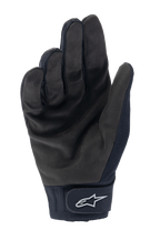 Gants thermiques Alpinestars A-Dura, gants de cyclisme VTT noirs, vue de la paume montrant le suède synthétique durable et la fermeture du poignet par crochet et boucle avec logo Alpinestars blanc, équipement de cyclisme thermique pour le froid