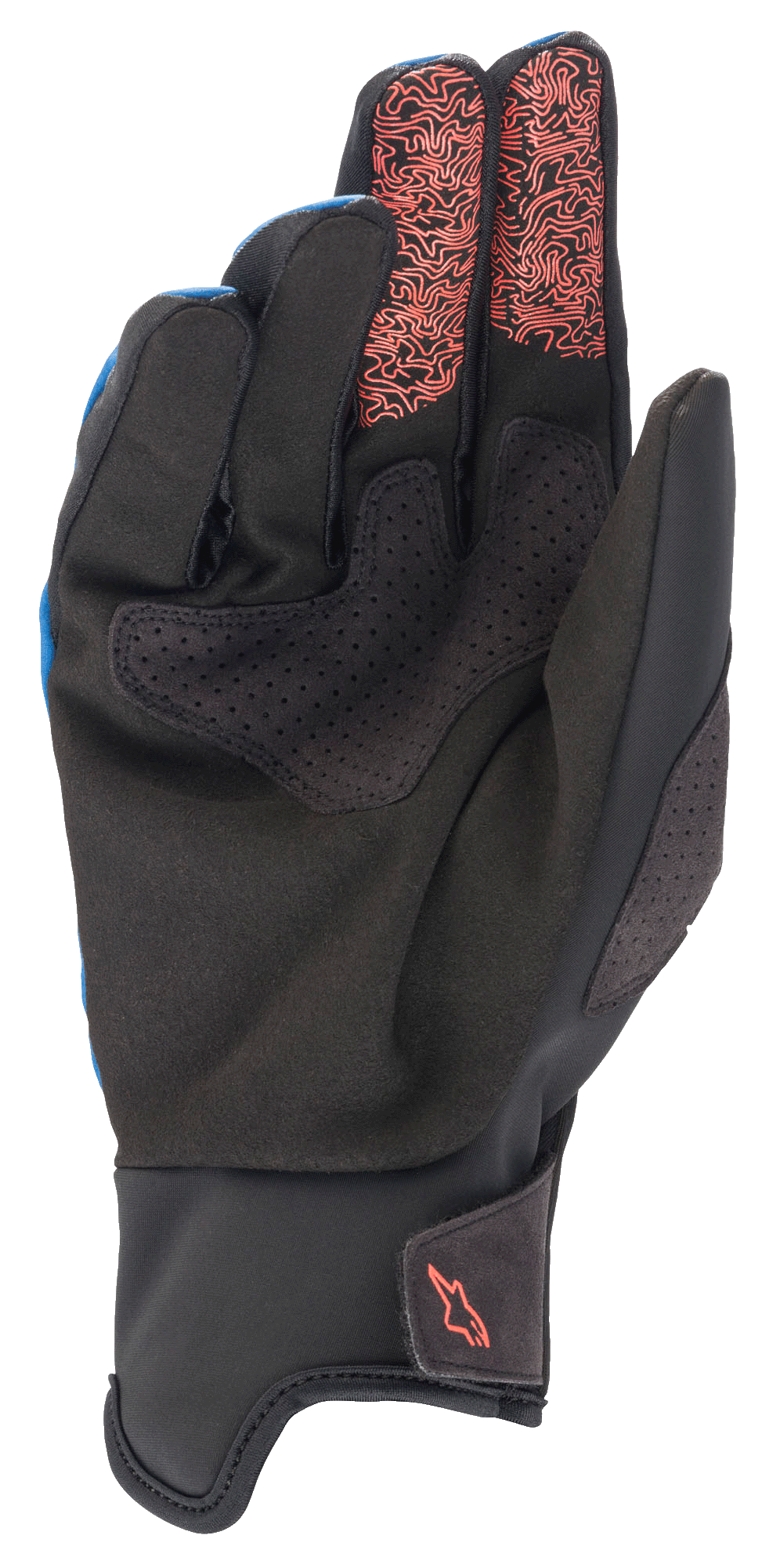 Alpinestars Denali 2 handschoenen, MTB-handschoenen, Mid Blue Black Coral Fluo, handpalmweergave van zwart Clarino synthetisch leer met geperforeerde details, koraalfluo topografische patronen op de wijs- en middelvingertoppen en een klein koraalrood logo op de manchet.