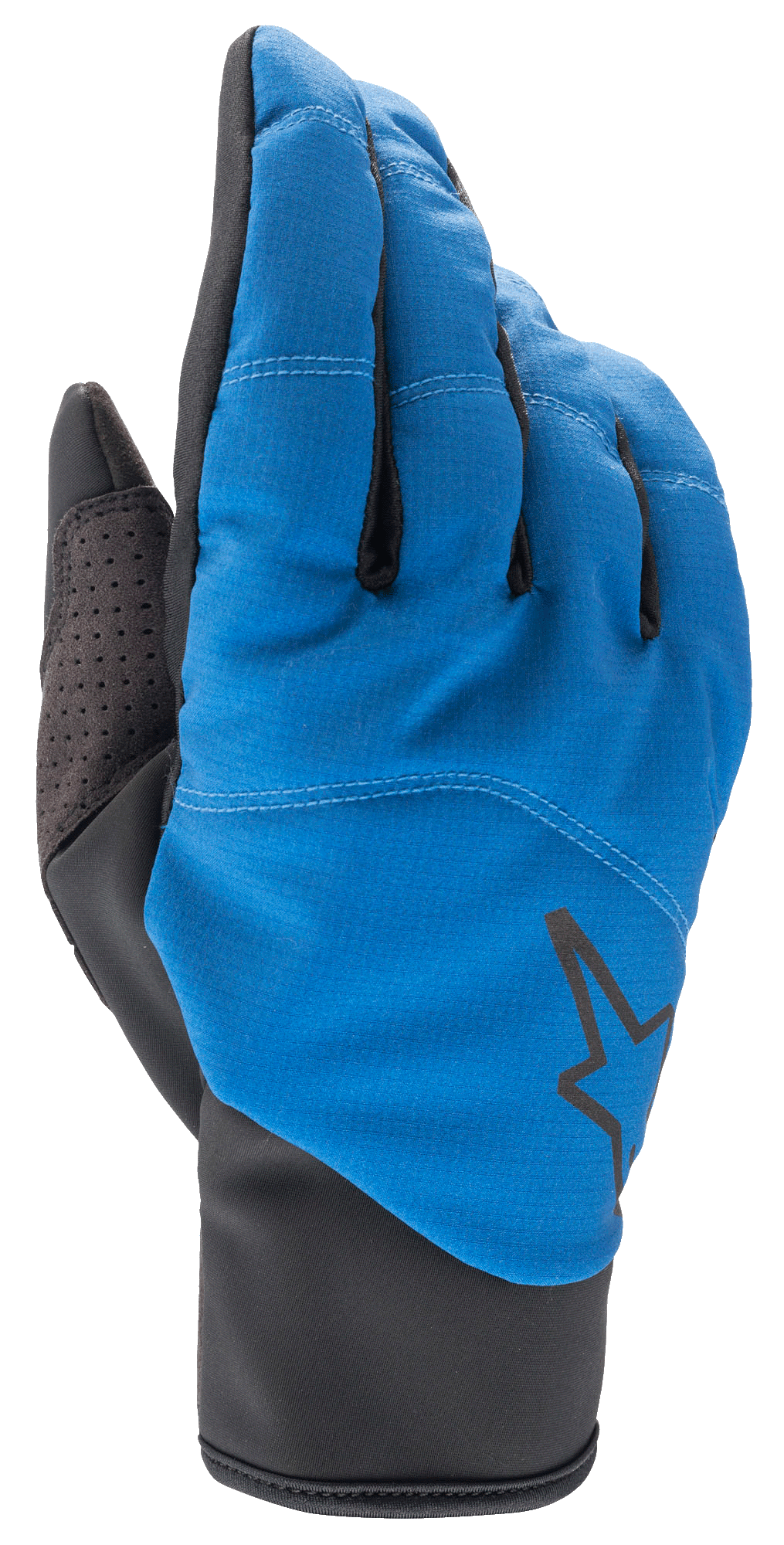 Alpinestars Denali 2 handschoenen, MTB-handschoenen, blauw en zwart, voorzien van een weerbestendige softshell-bovenkant met een zwart sterlogo, geperforeerde duimversterking en een strakke slip-on manchet voor rijden in koud weer.