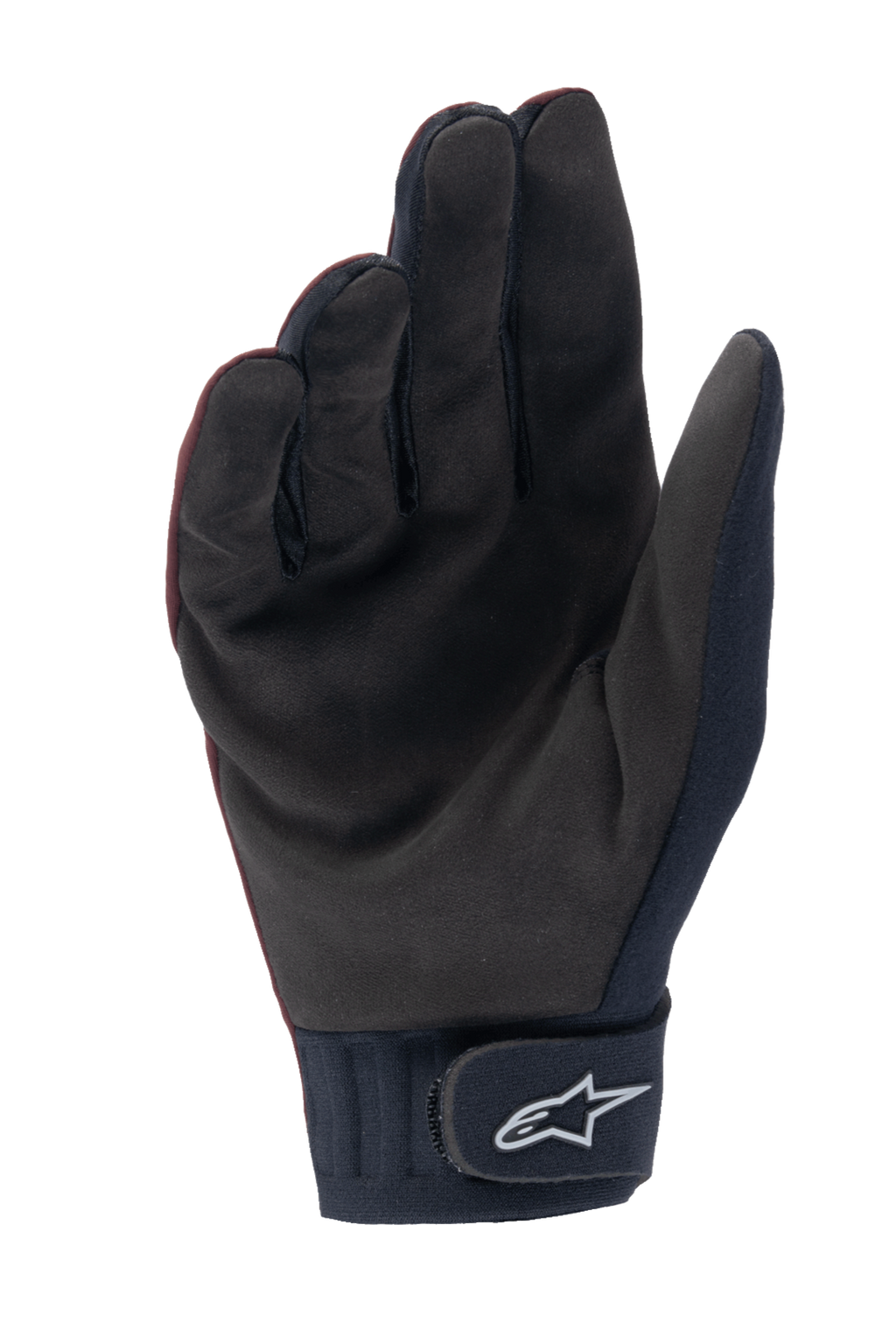 Gants thermiques Alpinestars Stella A-Dura, gants de VTT pour femme, bordeaux foncé et noir, vue de la paume montrant le matériau en suède synthétique, manchette en néoprène avec sangle auto-agrippante arborant le logo Alpinestars blanc, conçus pour le cyclisme par temps froid