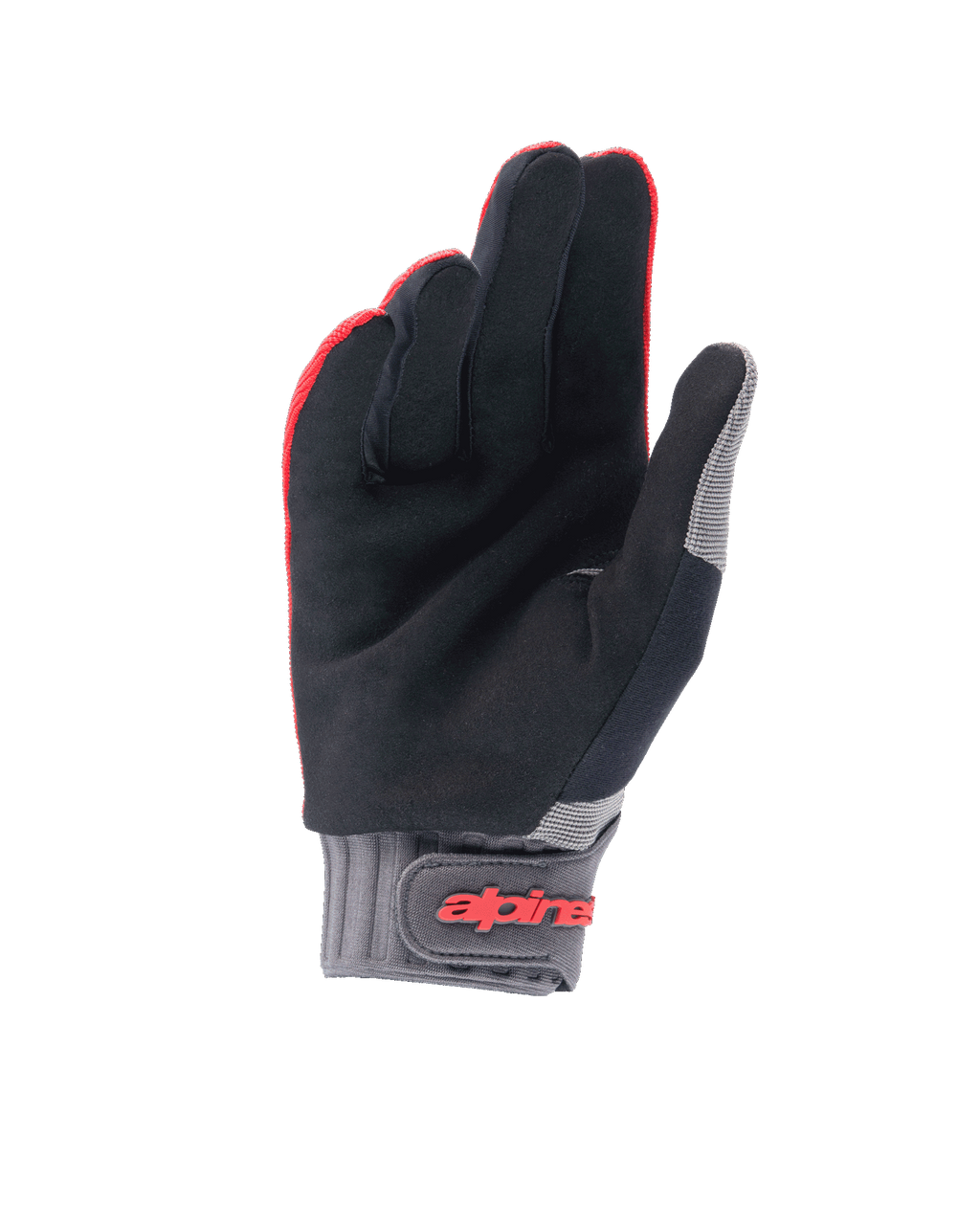 Gants Alpinestars Youth A-Dura, gants de VTT, rouge fluo et noir, vue de la paume montrant la matière en daim synthétique, manchette en néoprène gris avec sangle à scratch arborant le logo Alpinestars rouge, conçus pour le cyclisme junior