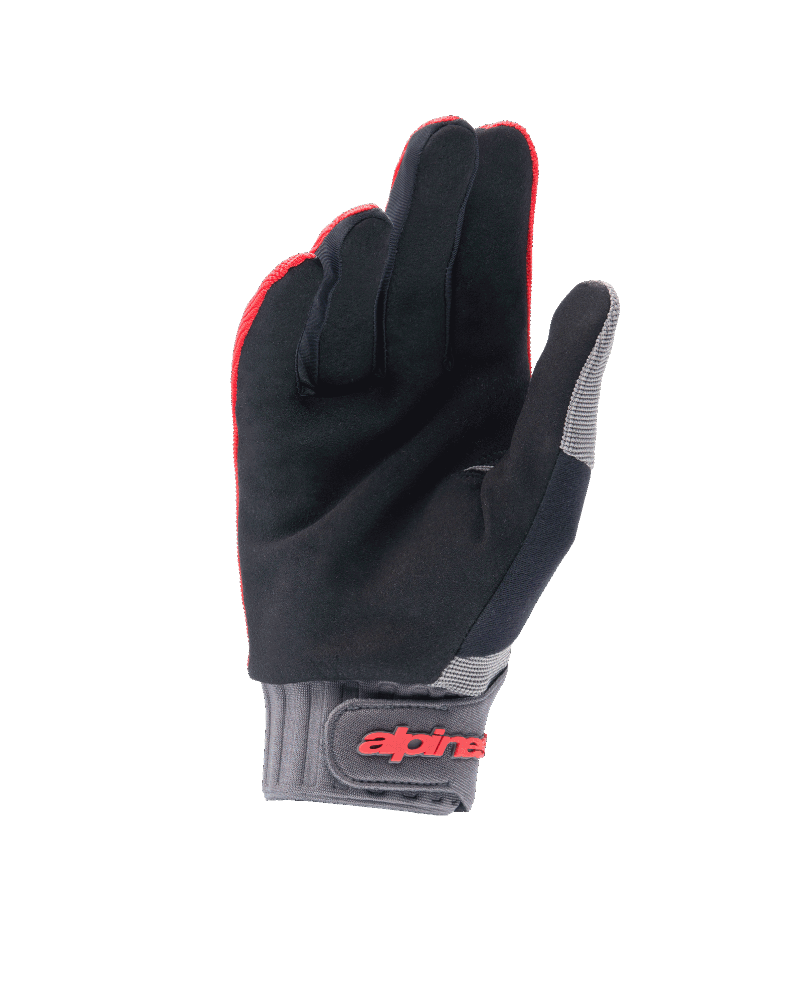Gants Alpinestars Youth A-Dura, gants de VTT, rouge fluo et noir, vue de la paume montrant la matière en daim synthétique, manchette en néoprène gris avec sangle à scratch arborant le logo Alpinestars rouge, conçus pour le cyclisme junior
