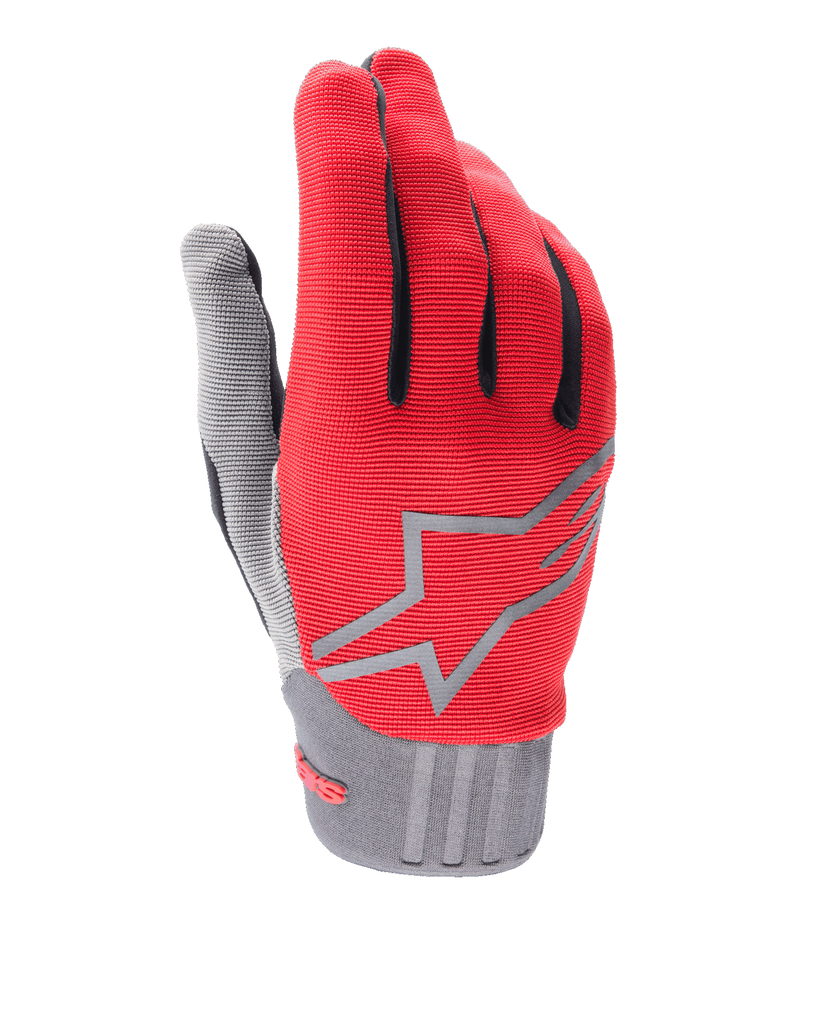 Gants Alpinestars Youth A-Dura, rouge et gris, gants de VTT pour enfant, avec logo étoile gris sur le dos, détails noirs sur les doigts et poignet gris texturé, tissu synthétique léger pour le cyclisme tout-terrain