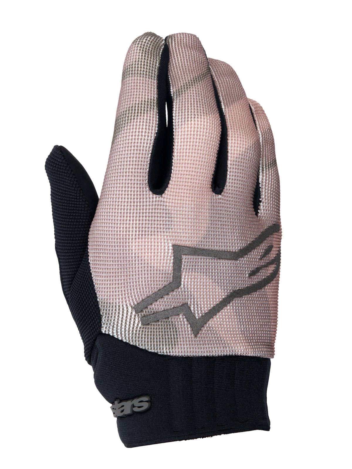 Alpinestars Youth A-Dura Gloves, Mountain Bike Gloves, Brown Camo and Black, featuring a grey star logo on the back, black neoprene cuff, and breathable textile upper for youth riders