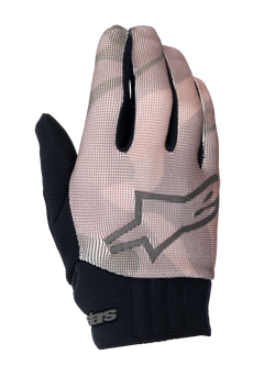 Alpinestars Youth A-Dura Handschuhe, Mountainbike-Handschuhe, Braun-Camo und Schwarz, mit grauem Stern-Logo auf dem Handrücken, schwarzer Neopren-Manschette und atmungsaktivem Textil-Obermaterial für junge Fahrer.